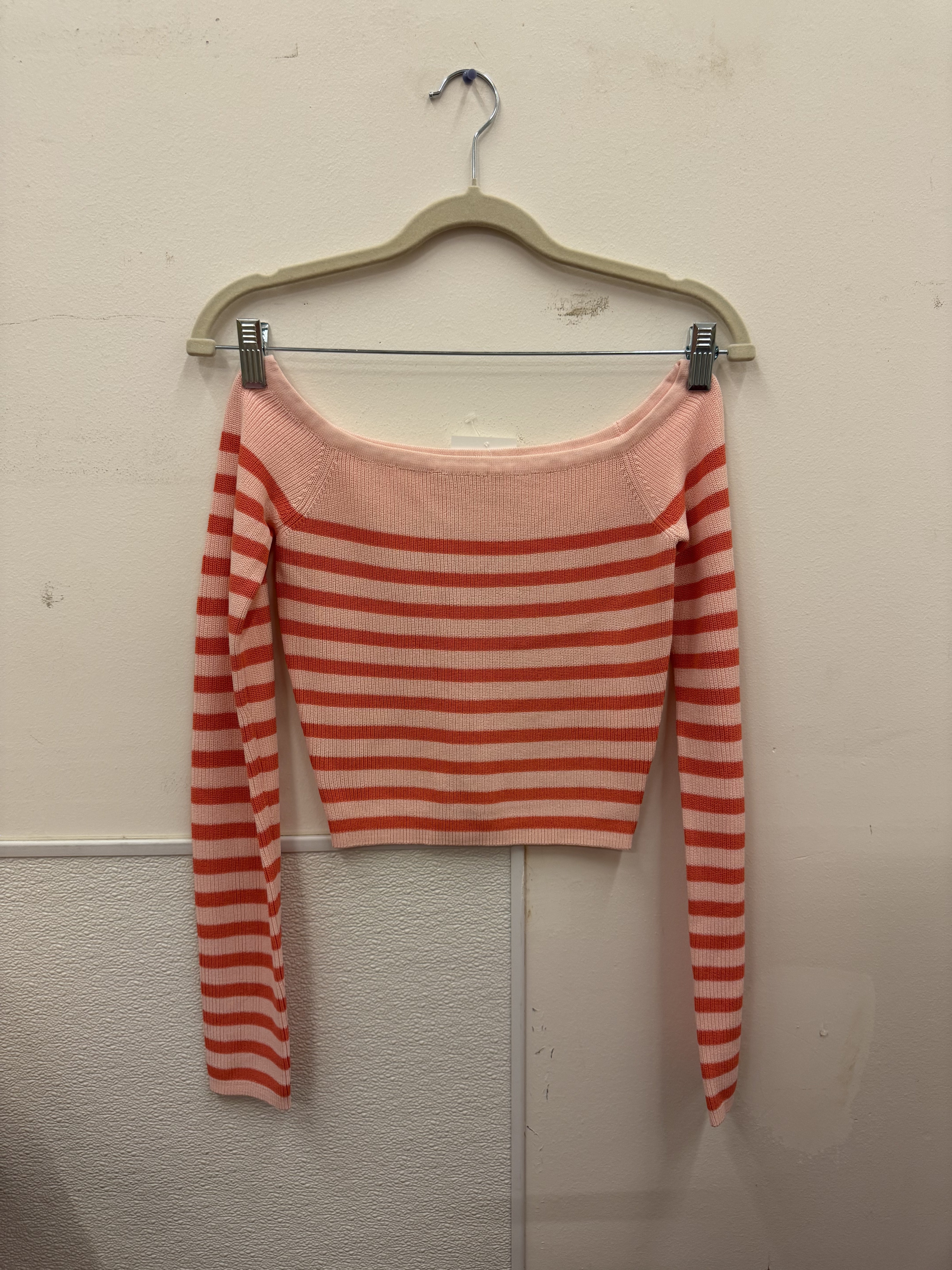 Blush and Coral Striped Off The Shoulder Knit Sweater