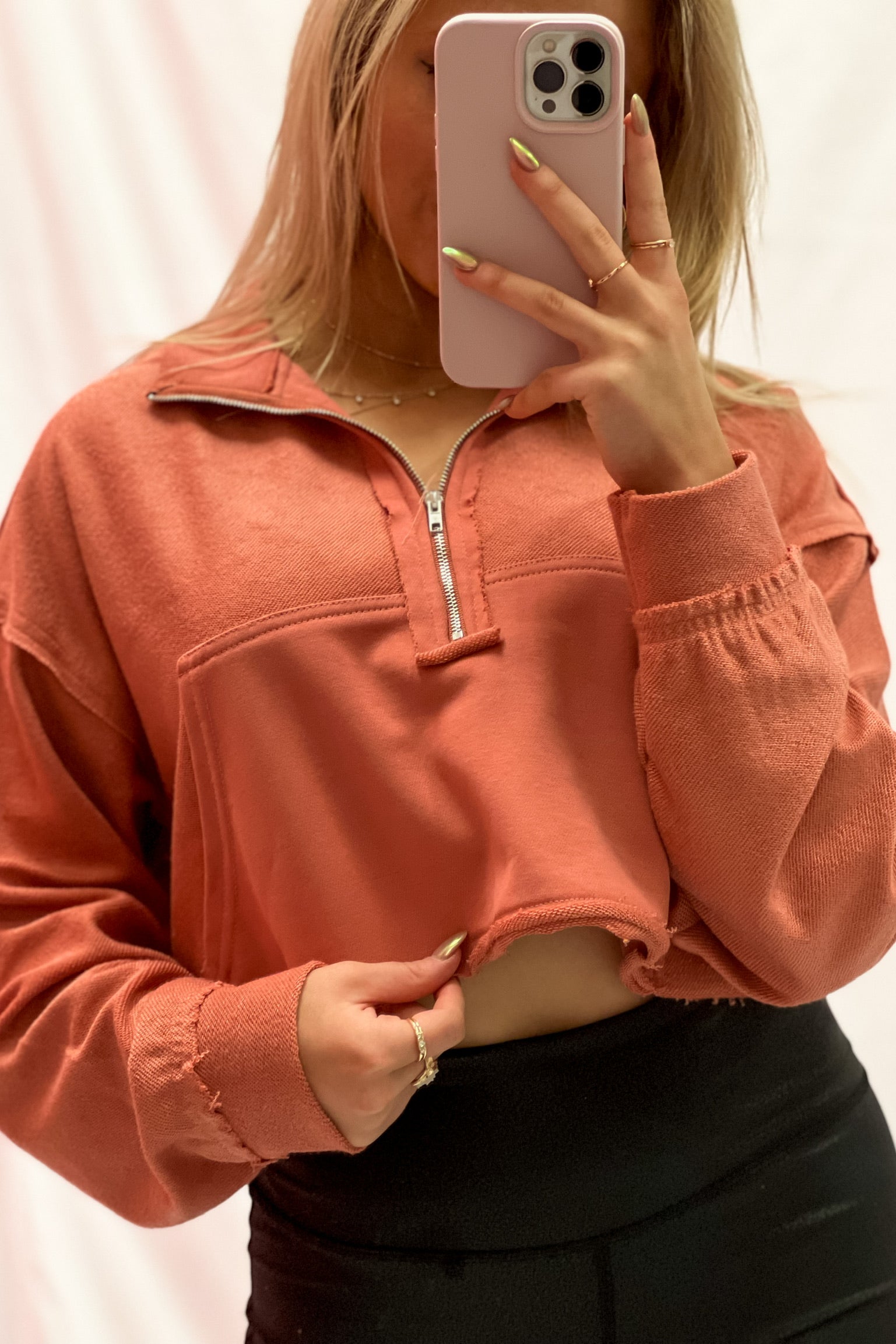 Rust Long Sleeve Cropped Zip Up Top