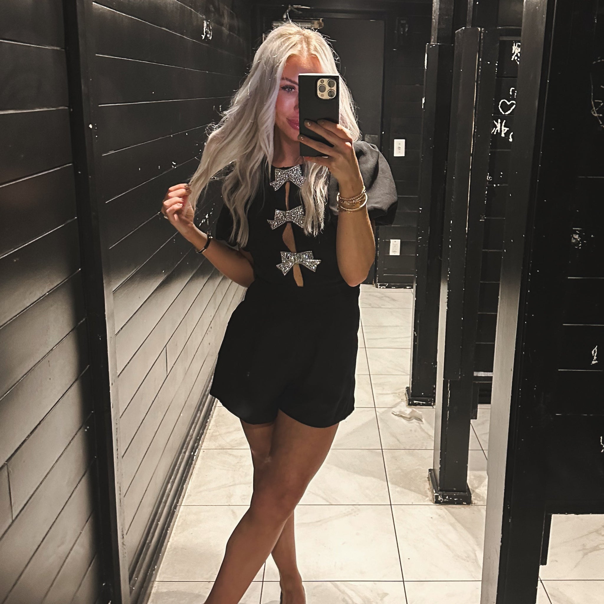 Black Puff Sleeve Romper With Rhinestone Bows