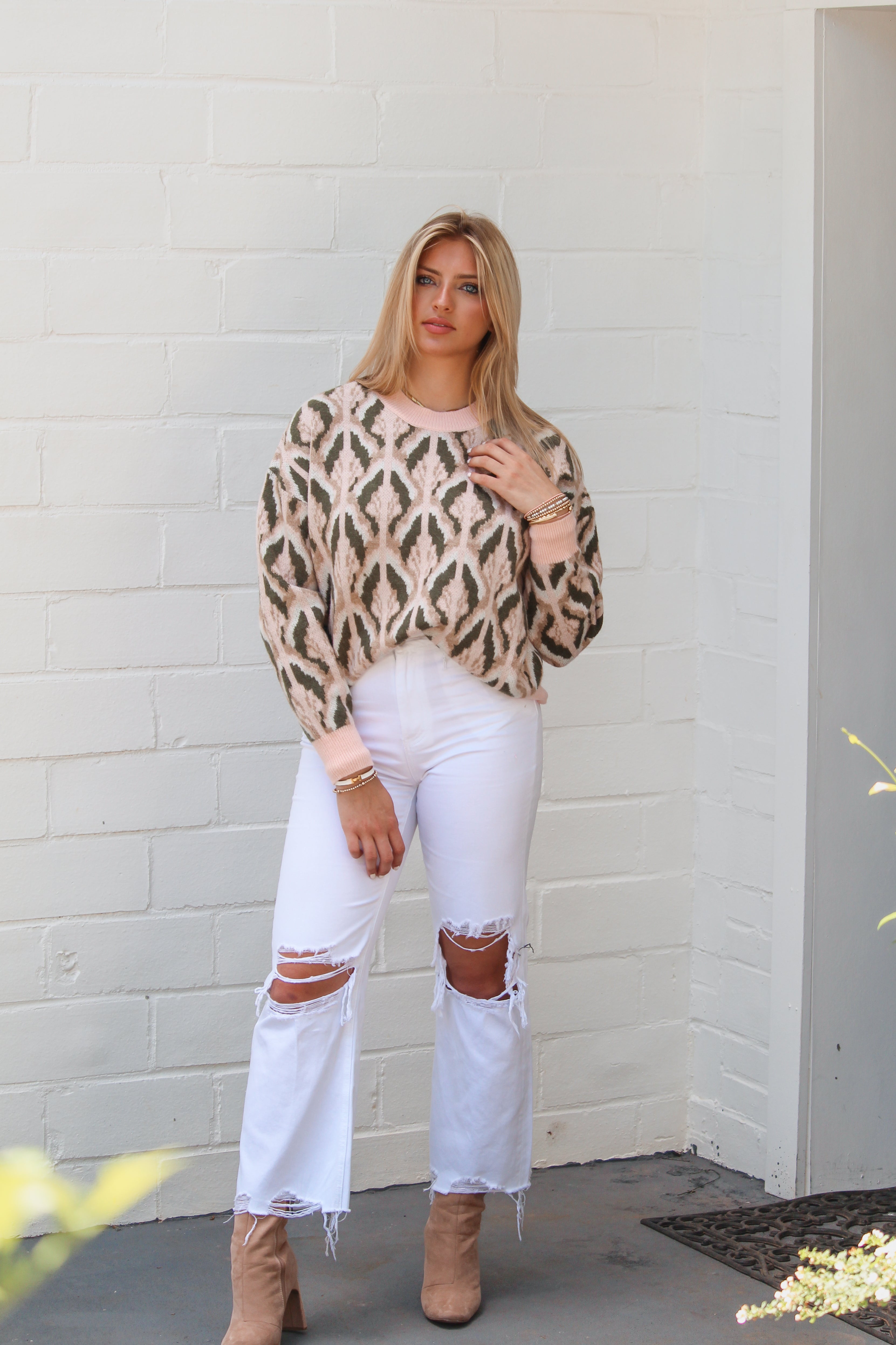 Pink and Olive Patterned Sweater