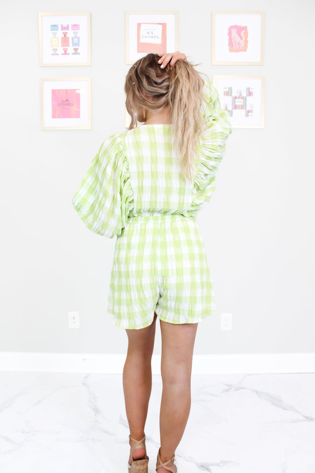 Green Plaid Smocked Neck Line Romper