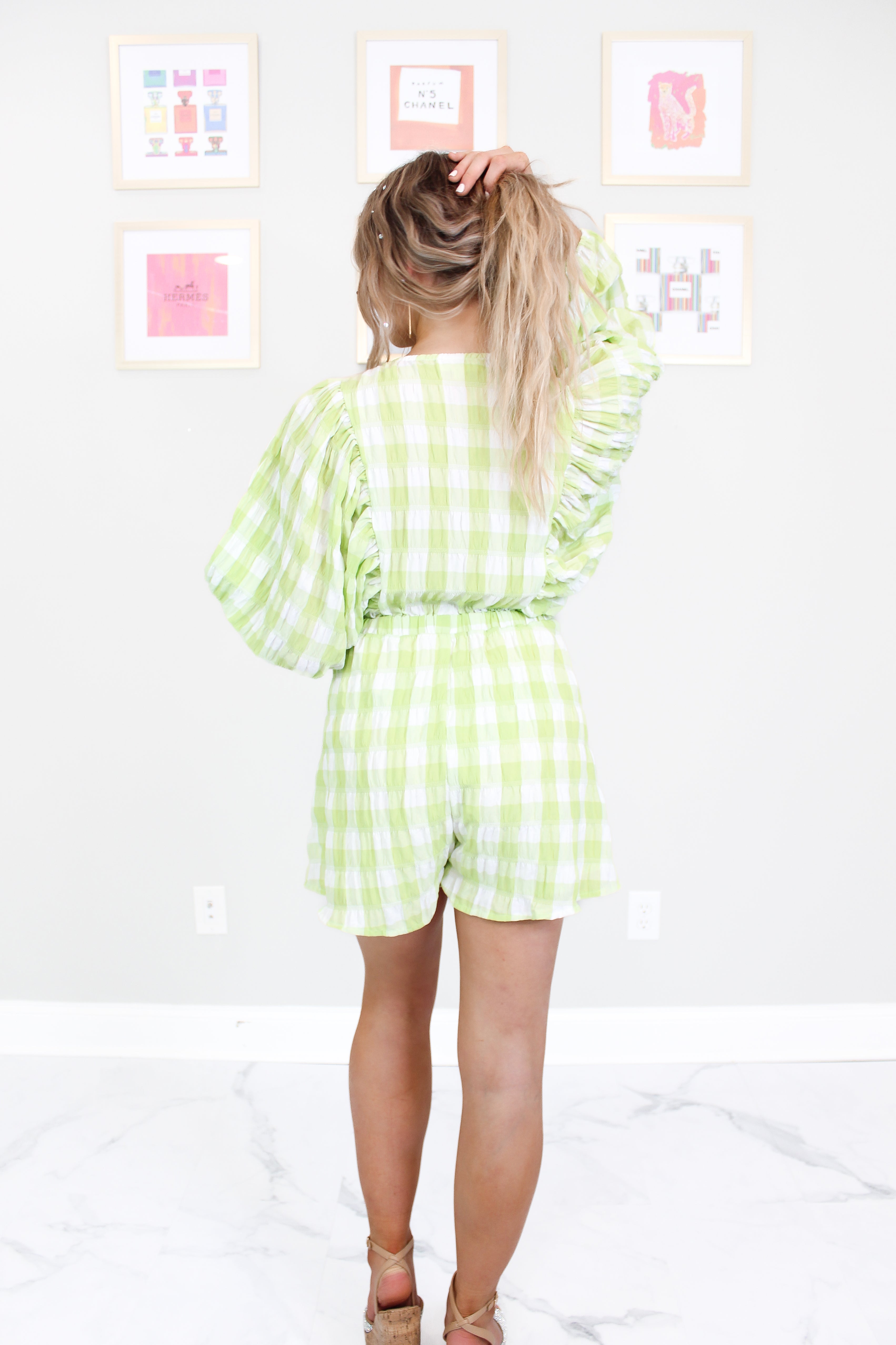 Green Plaid Smocked Neck Line Romper