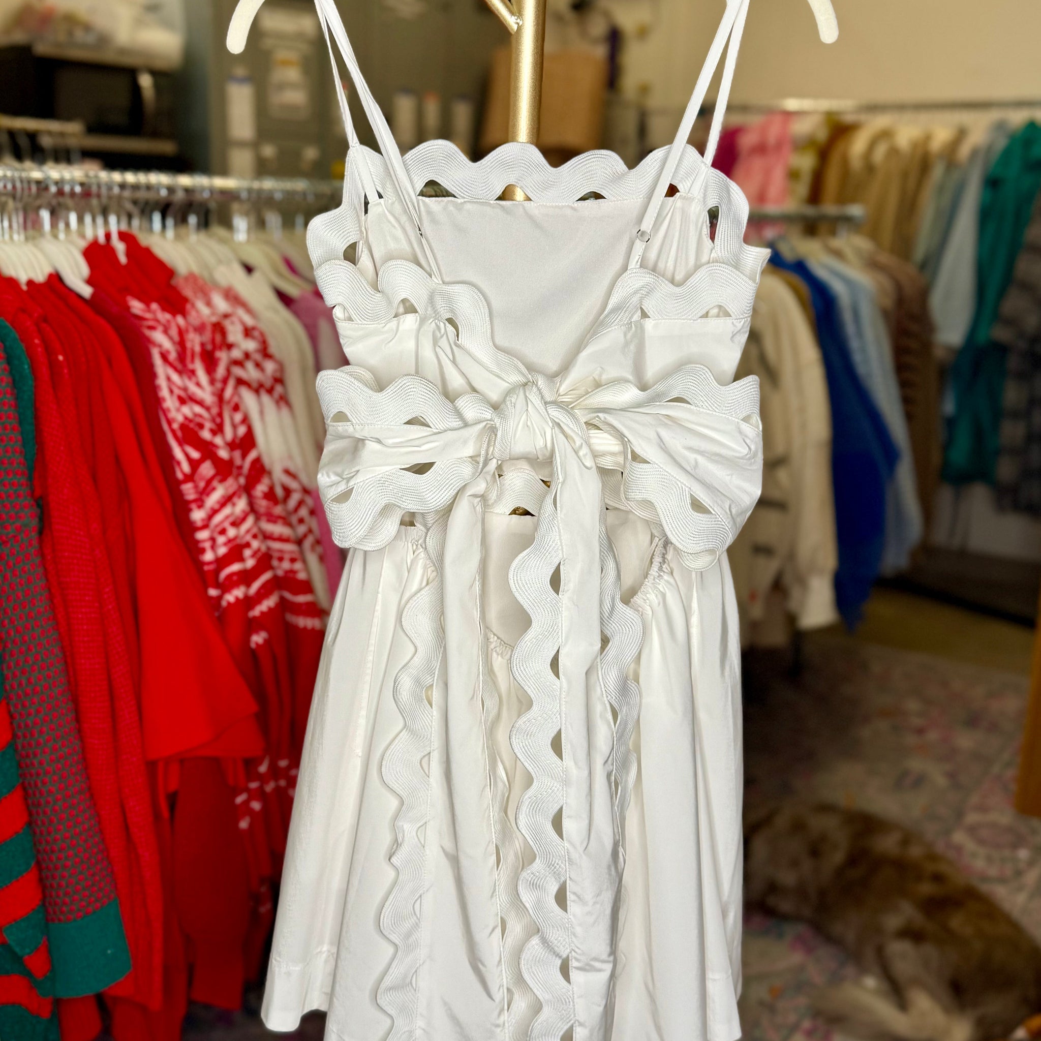 White Ric Rac Trim Mini Dress With Bow Detail