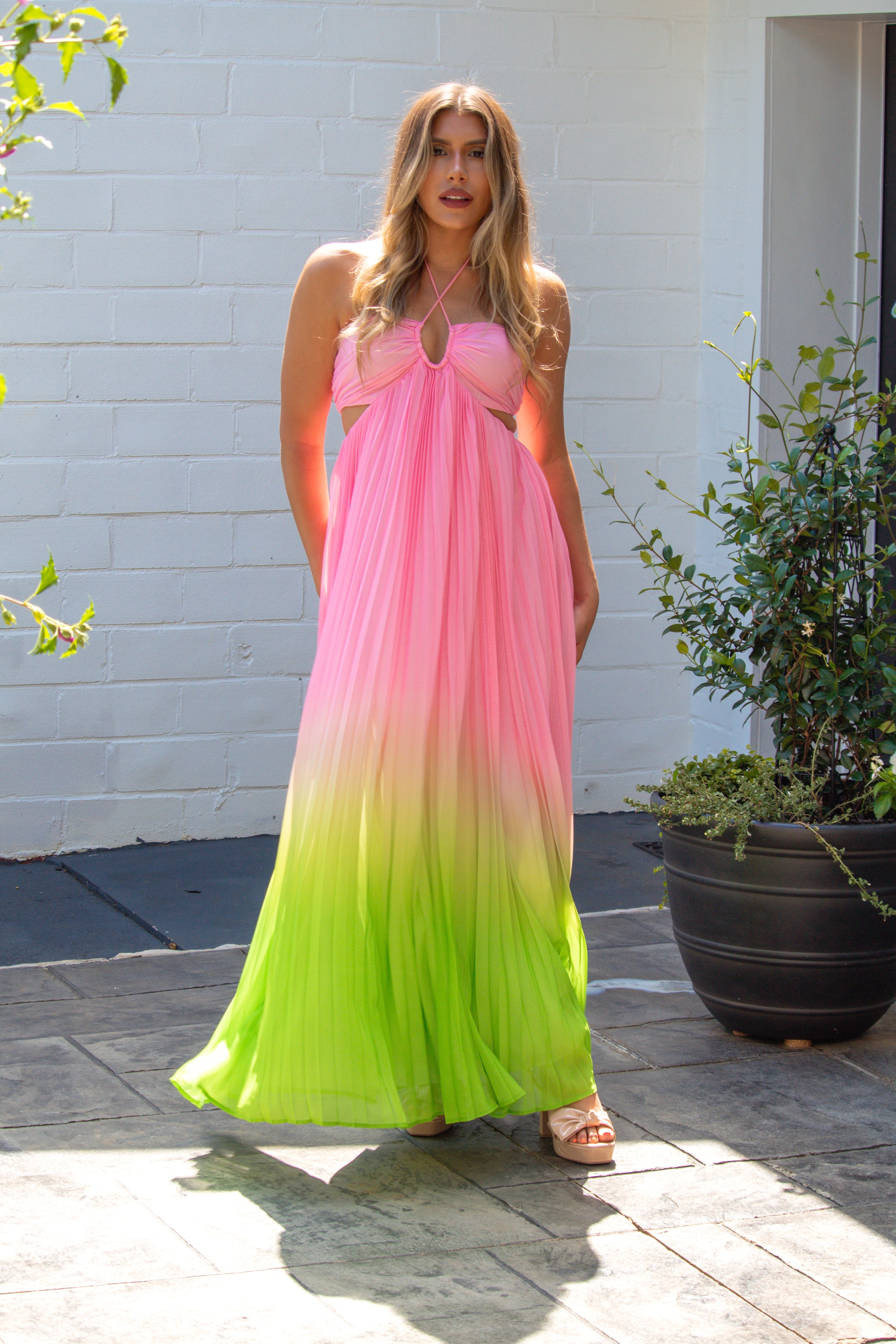 Pink and Green Ombre Pleated Halter Maxi Dress
