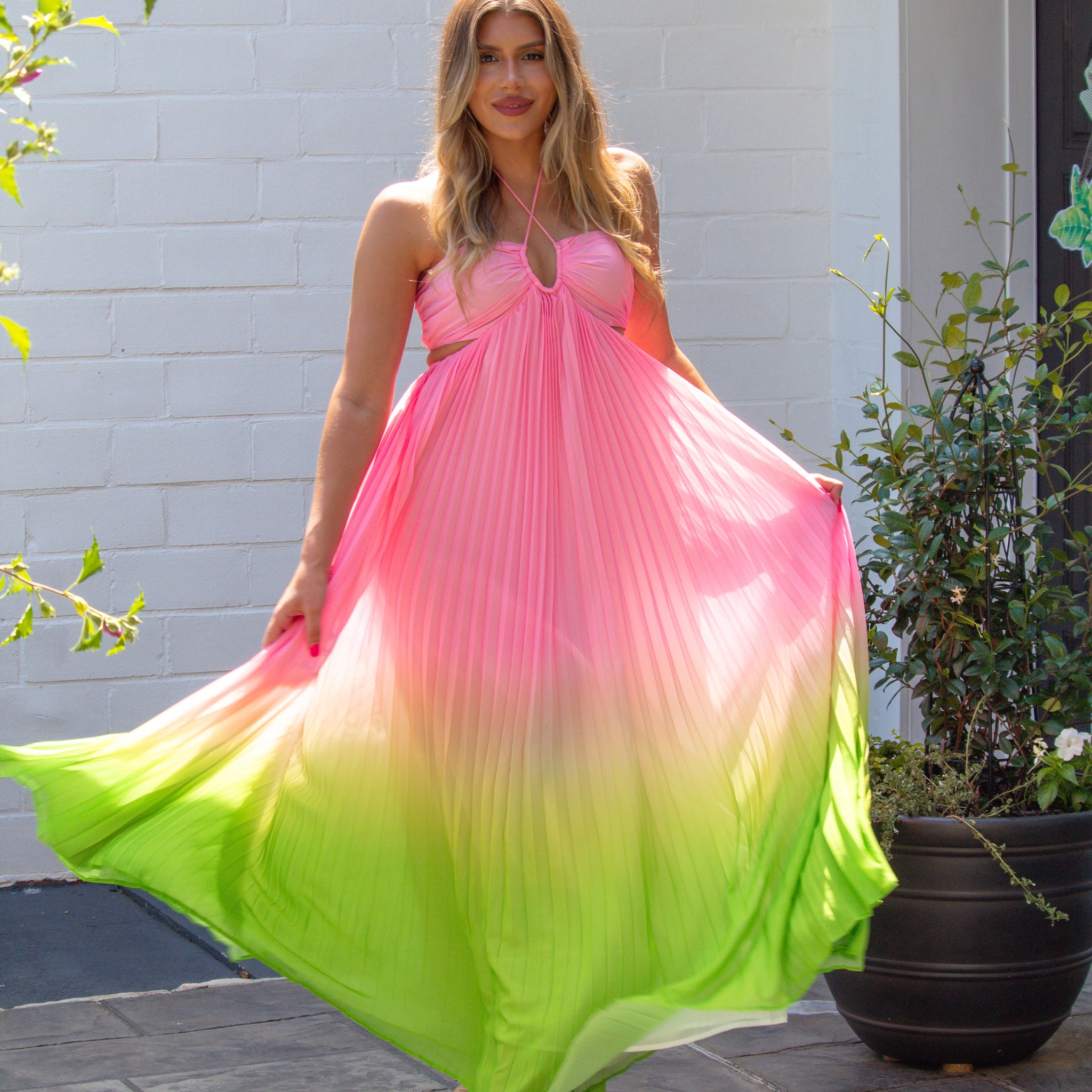 Pink and Green Ombre Pleated Halter Maxi Dress