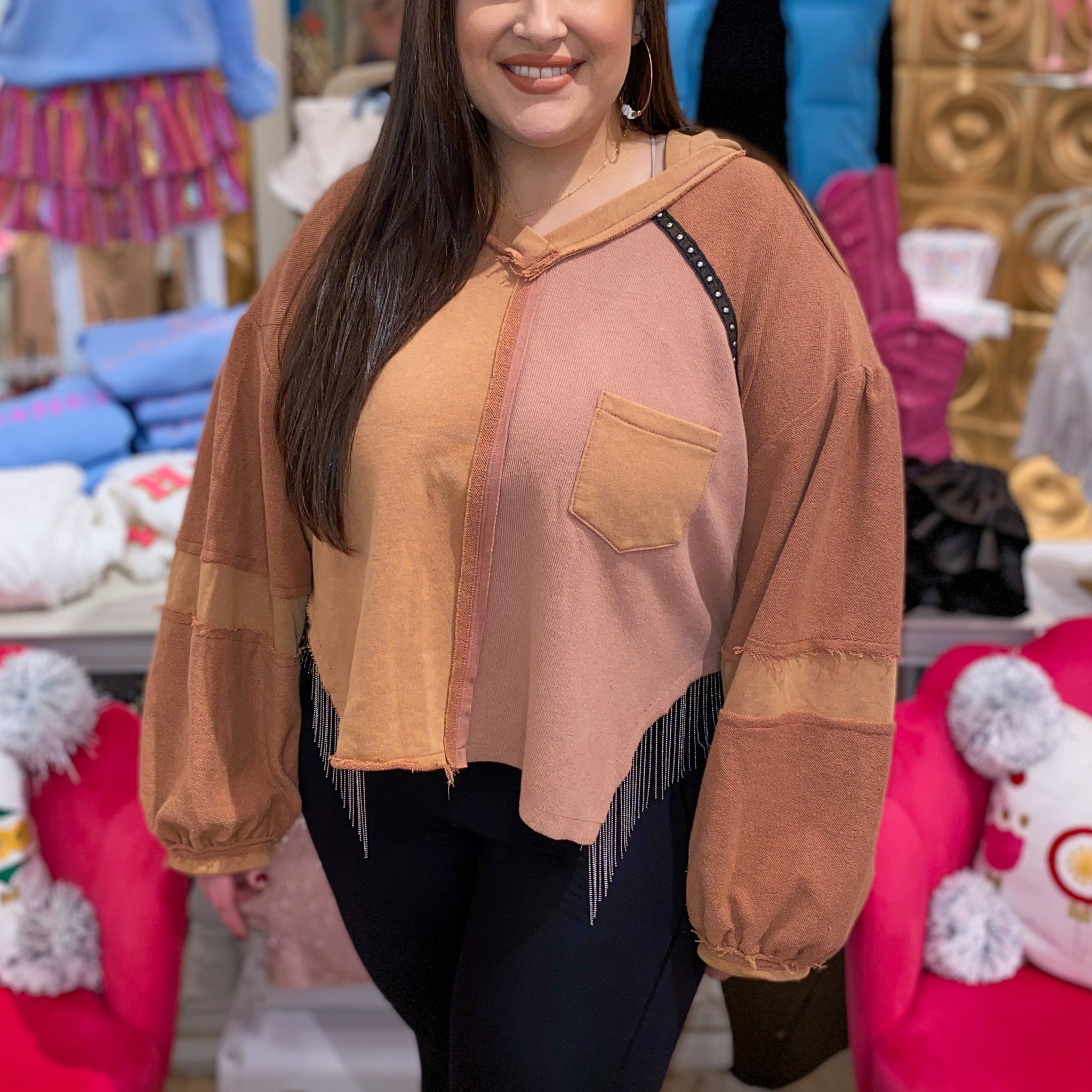 Orange Hooded Pullover with Fringe
