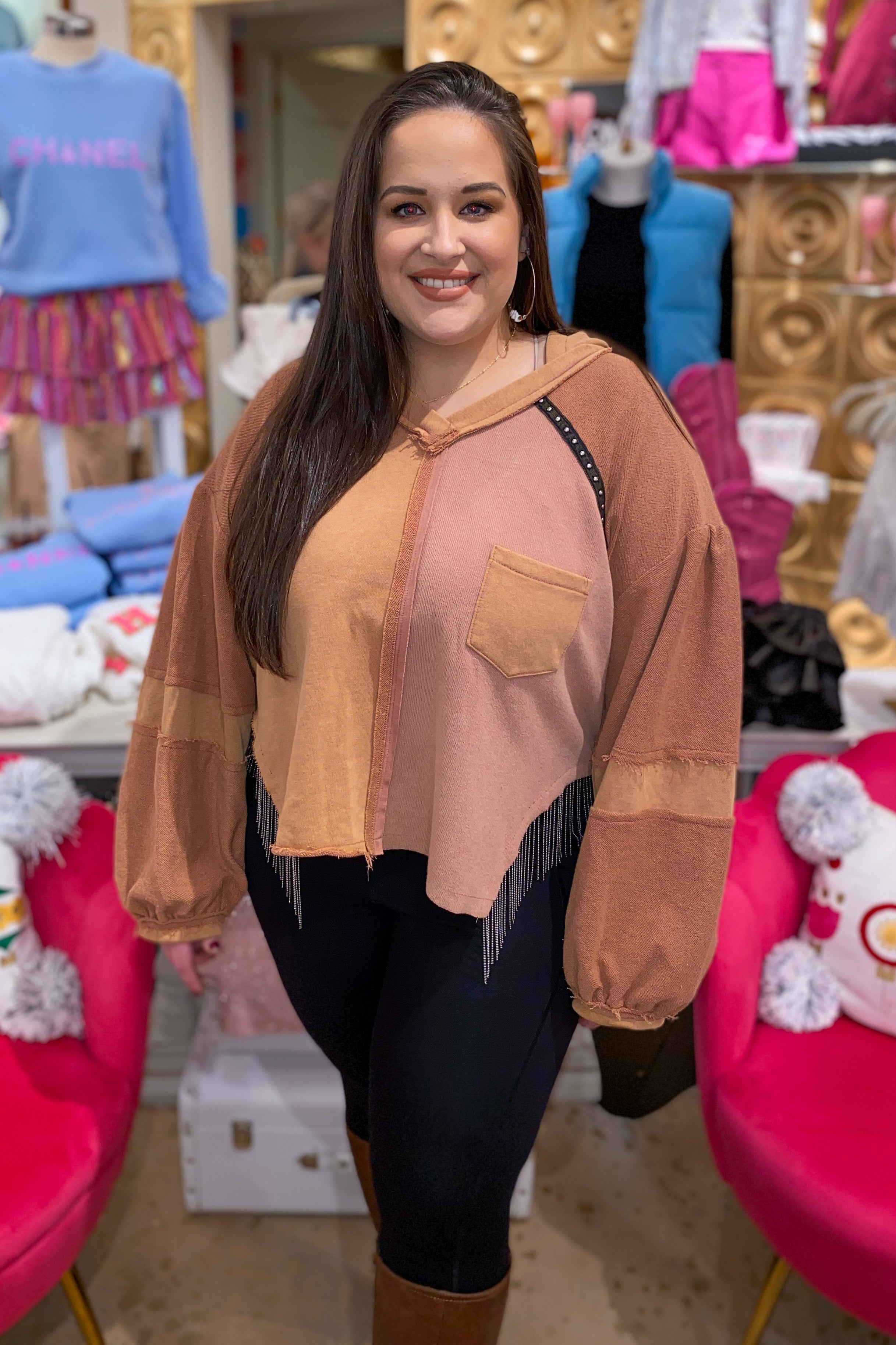 Orange Hooded Pullover with Fringe