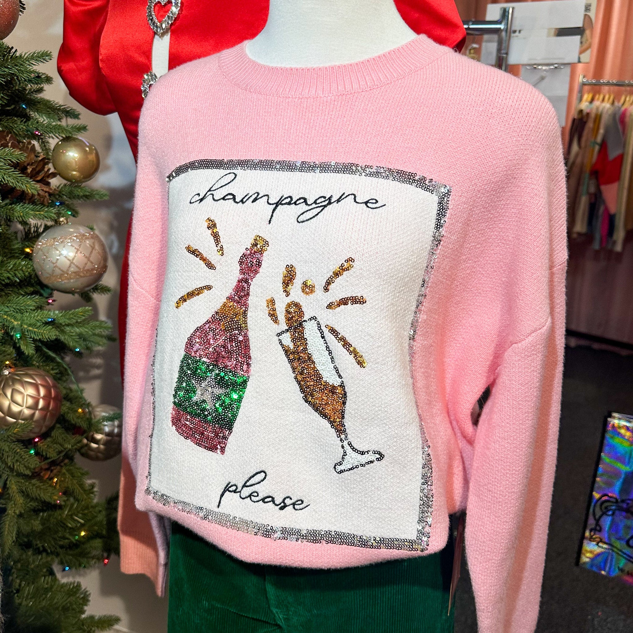 Pink Champagne Bottle Sequined Embroidered Sweater