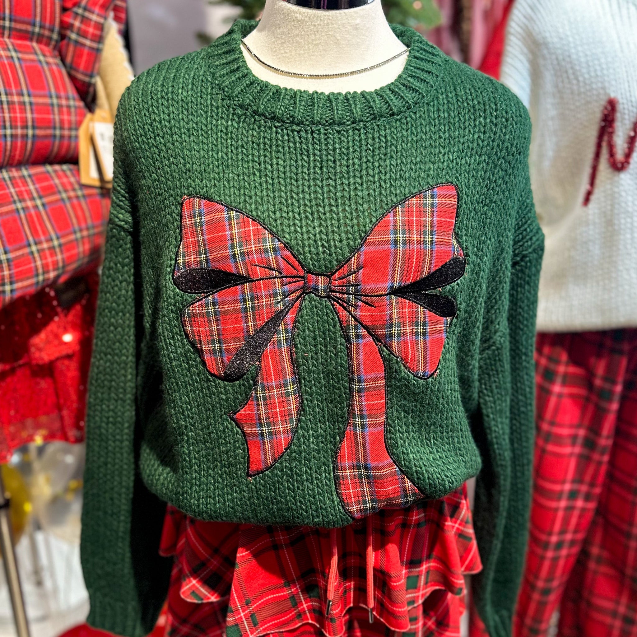 Green Knit Sweater With Plaid Bow