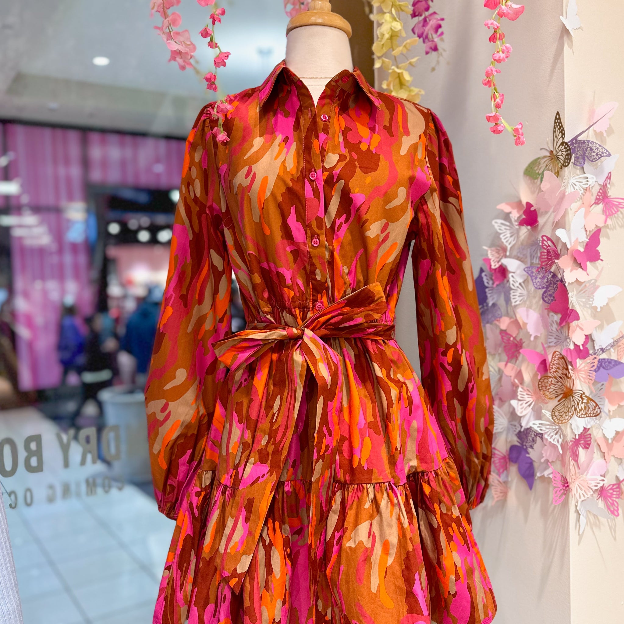Pink Multi Color Printed Button Down Dress