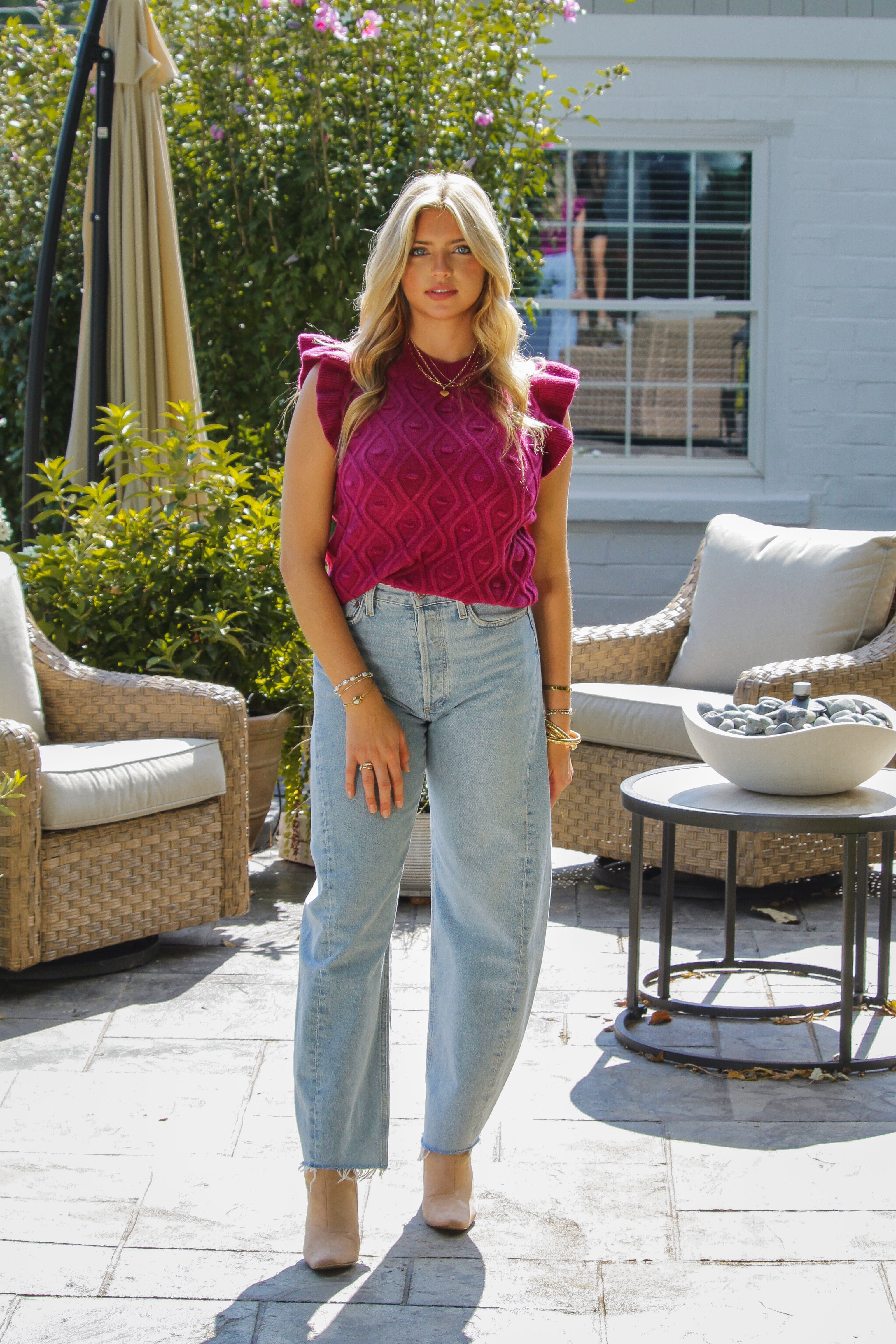 Purple Mock Neck Ruffle Sleeve Cable Knit Tank Top