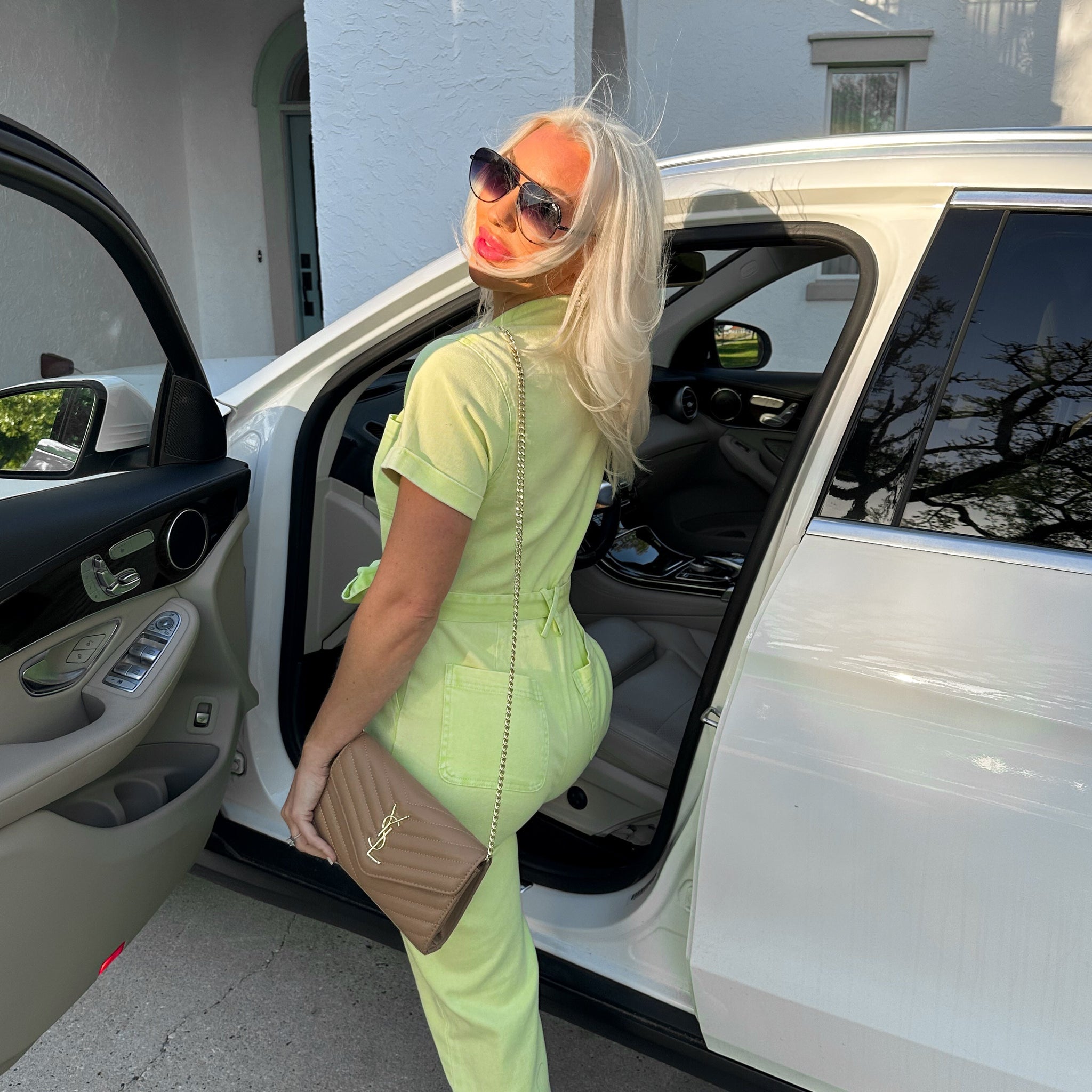 Lime Green Denim Utility Jumpsuit