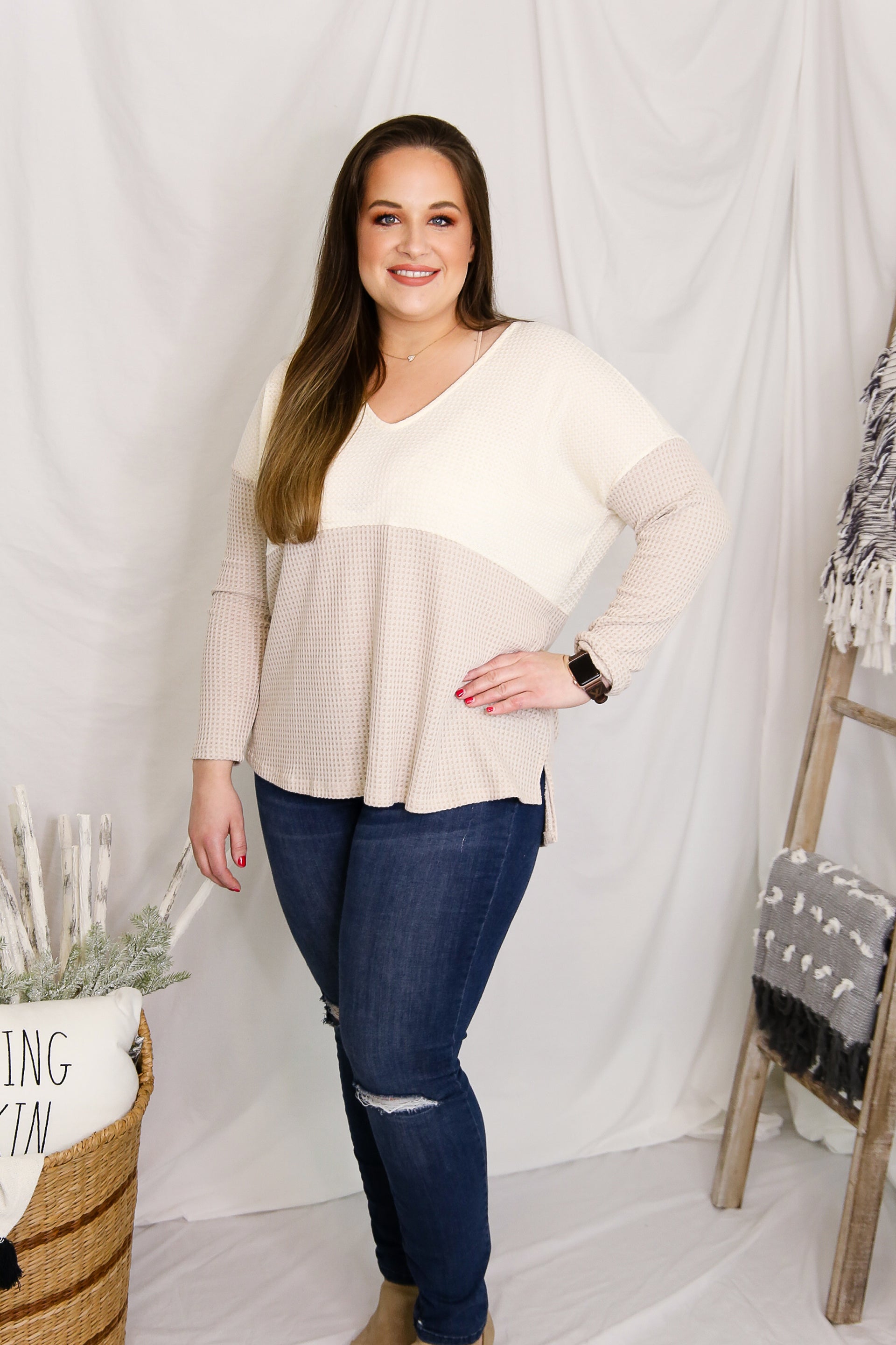 Ivory Color Block Long Sleeve Waffle Top