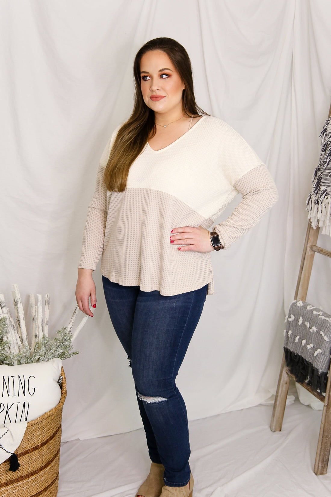 Ivory Color Block Long Sleeve Waffle Top