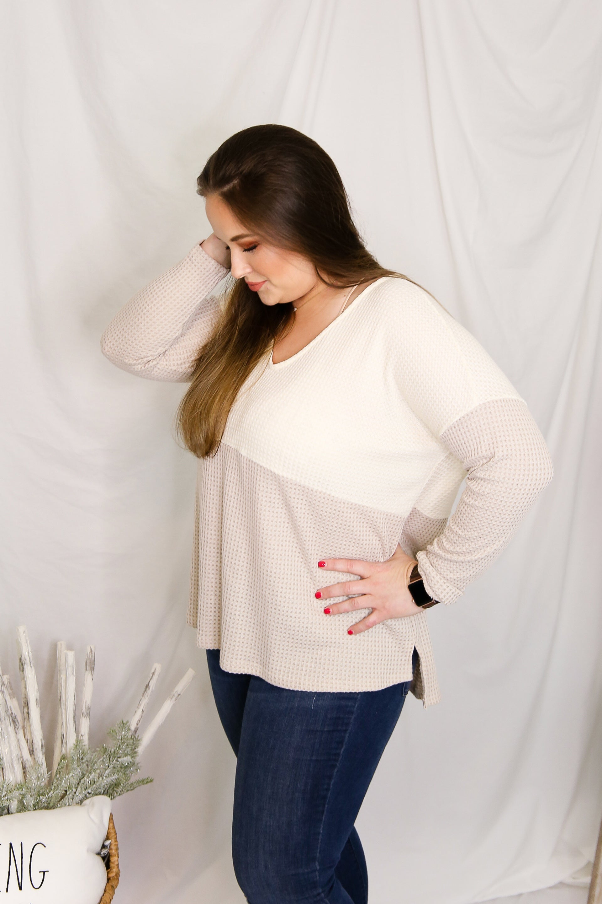Ivory Color Block Long Sleeve Waffle Top