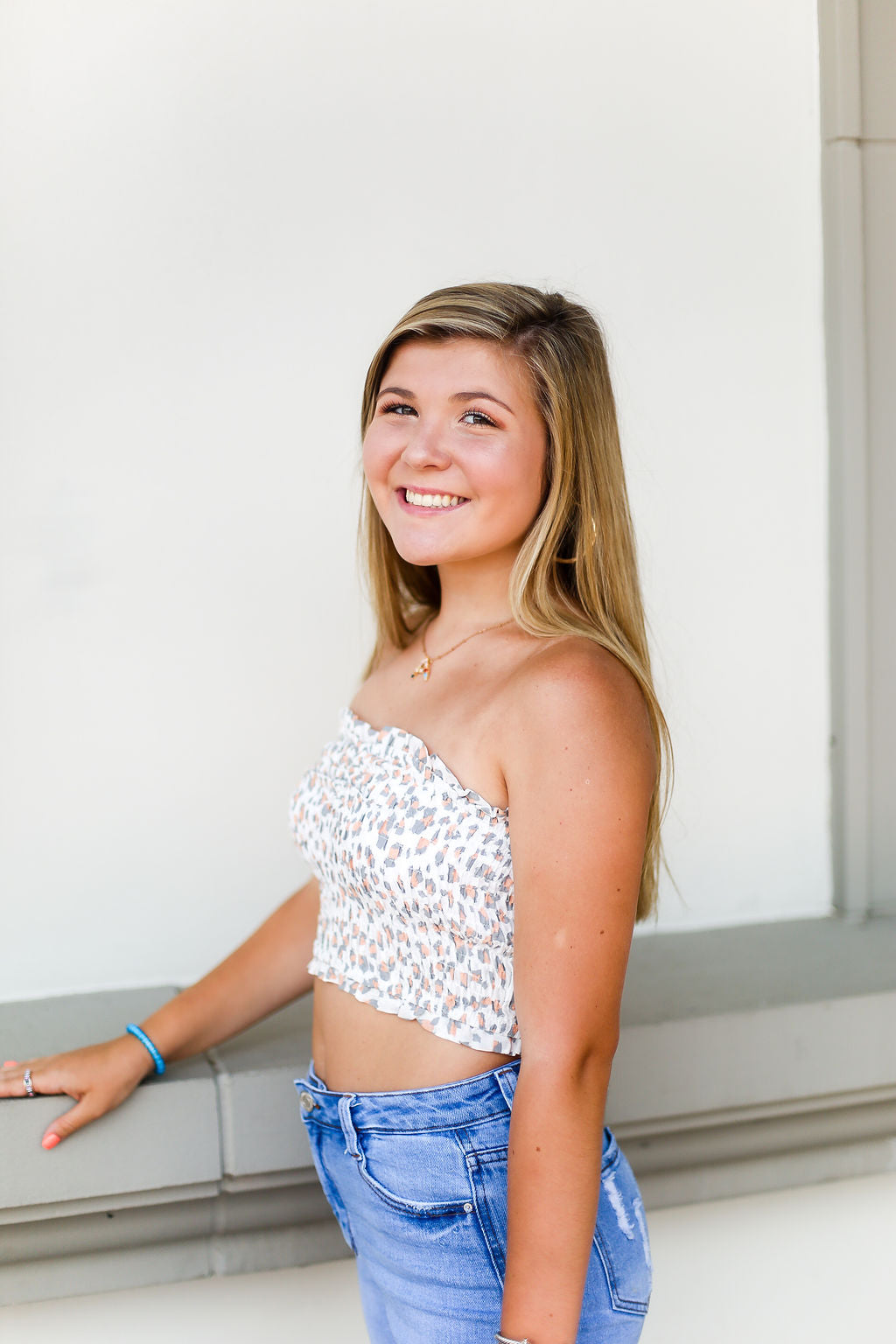 Pink and White Leopard Print Smocked Tube Top