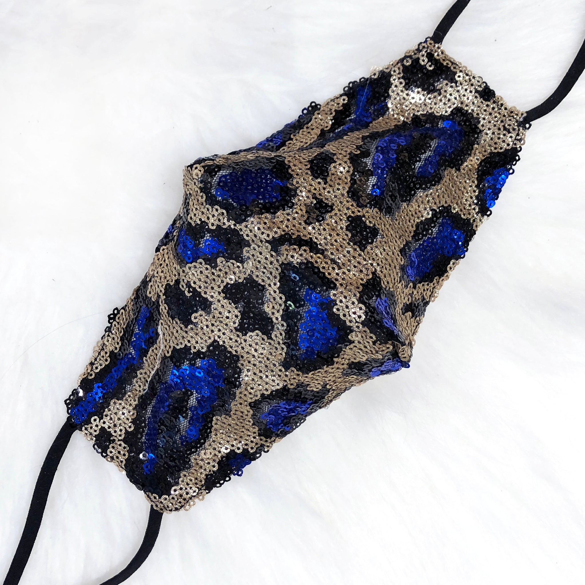 Dark Blue And Gold Leopard Sequin Face Mask
