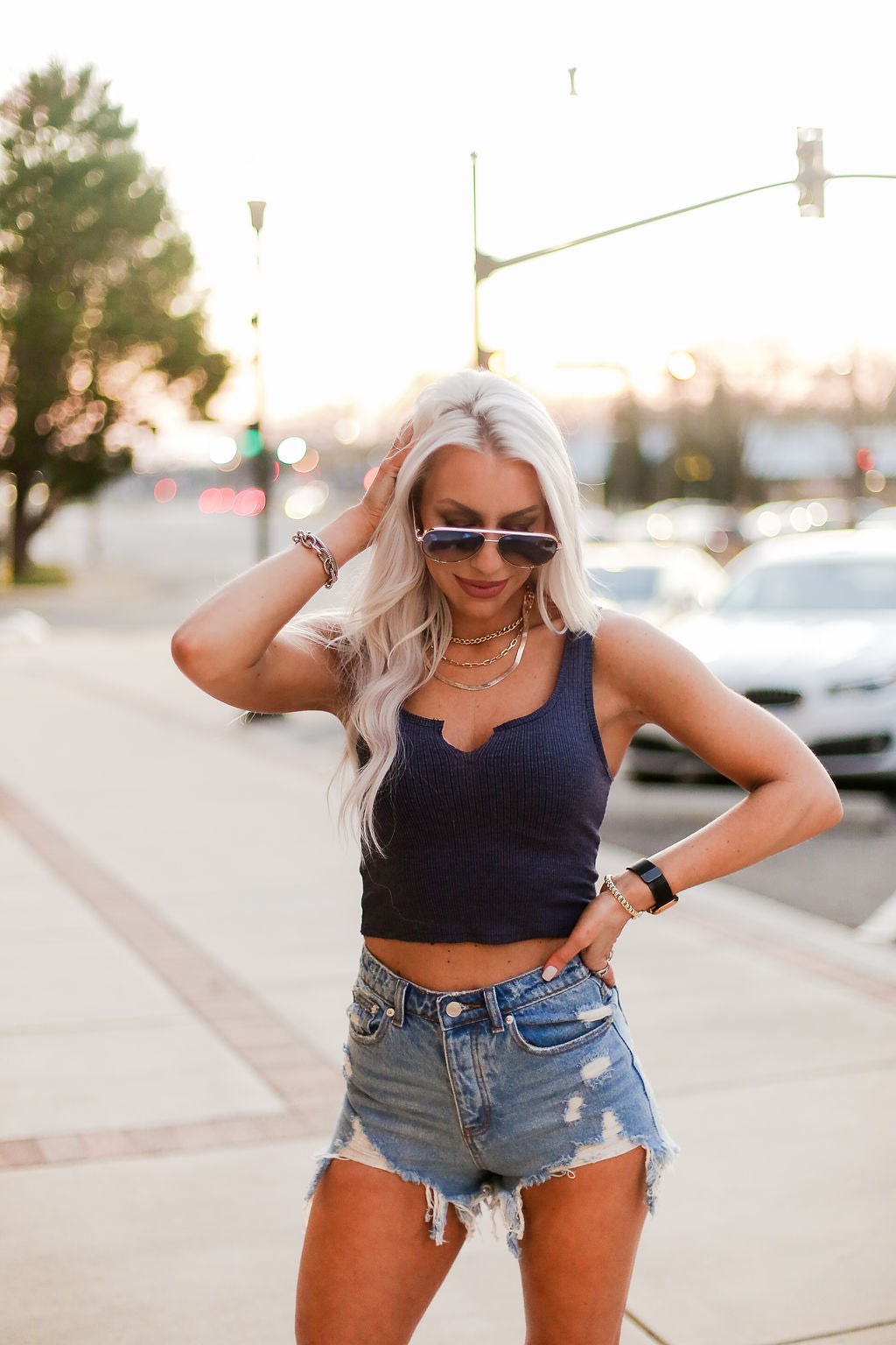 Navy Blue V Cut Ribbed Knit Tank Top