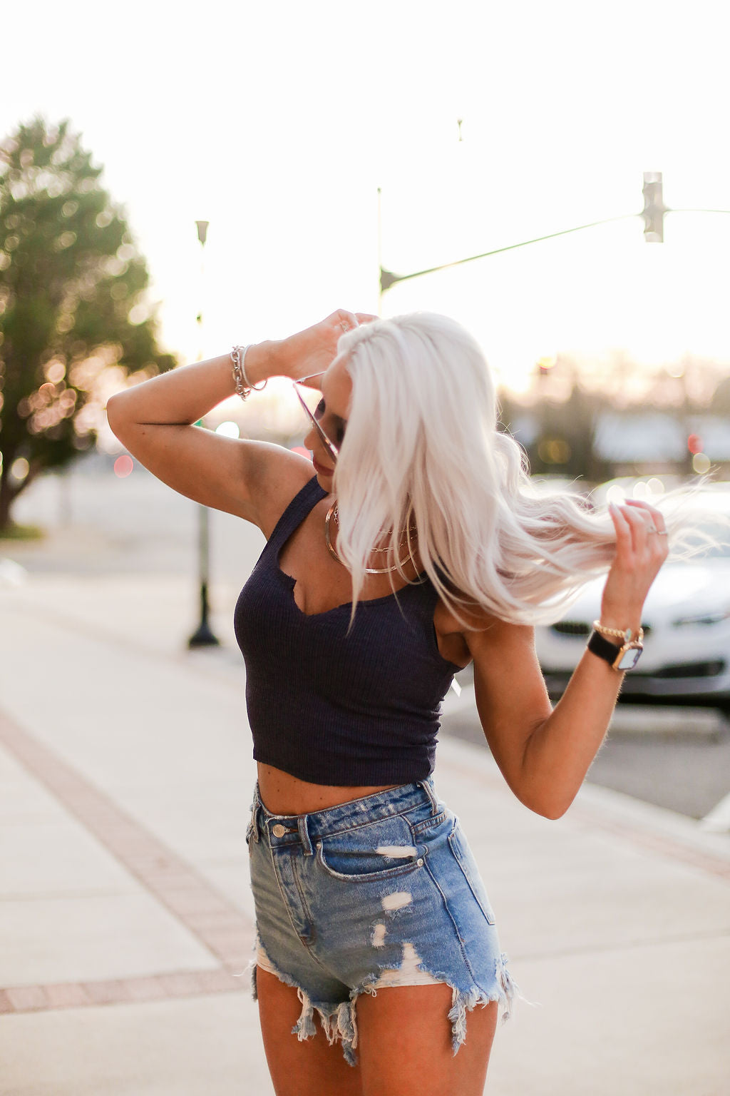 Navy Blue V Cut Ribbed Knit Tank Top
