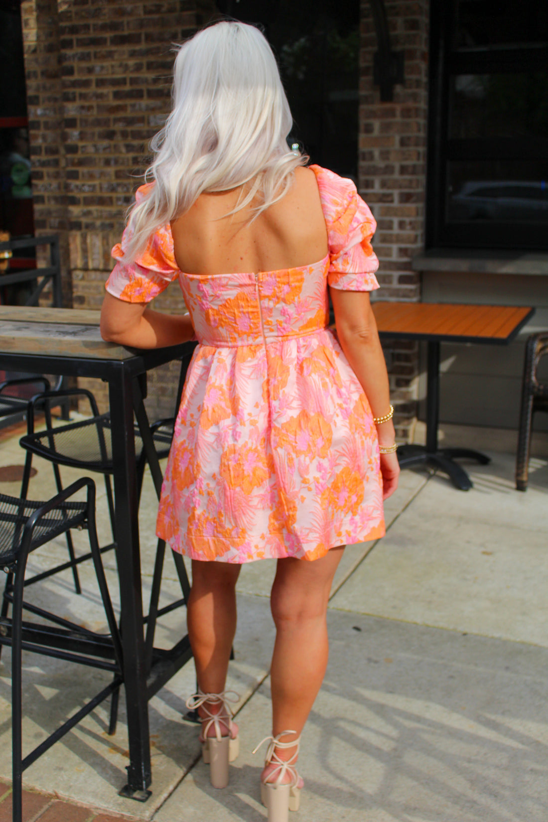 Orange Multi Floral Jacquard Puff Sleeve Mini Dress