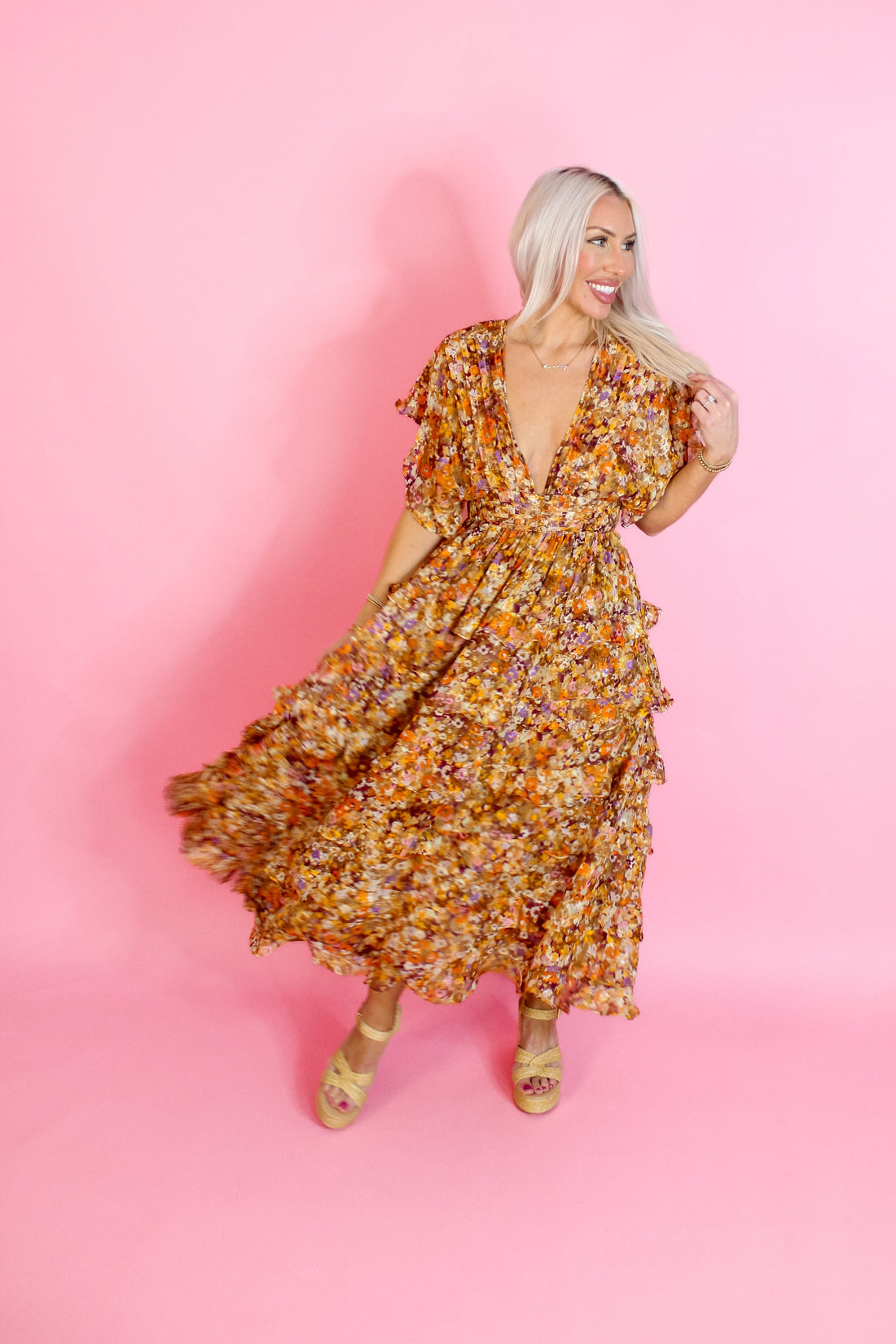 Orange Multicolor Floral Ruffle Midi Dress