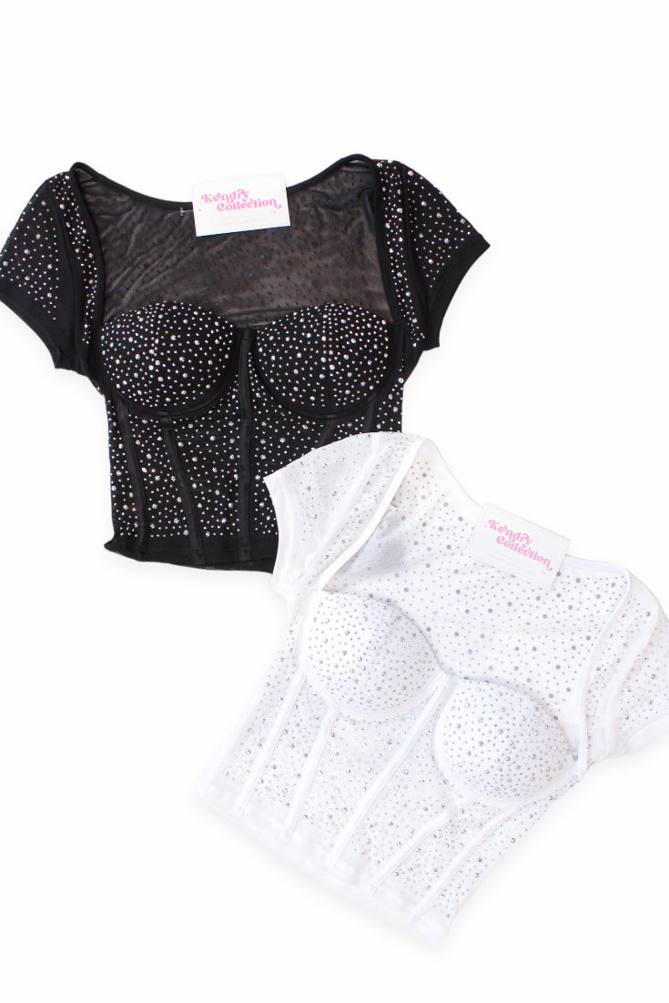 Black Rhinestone Studded Corset Short Sleeve Top