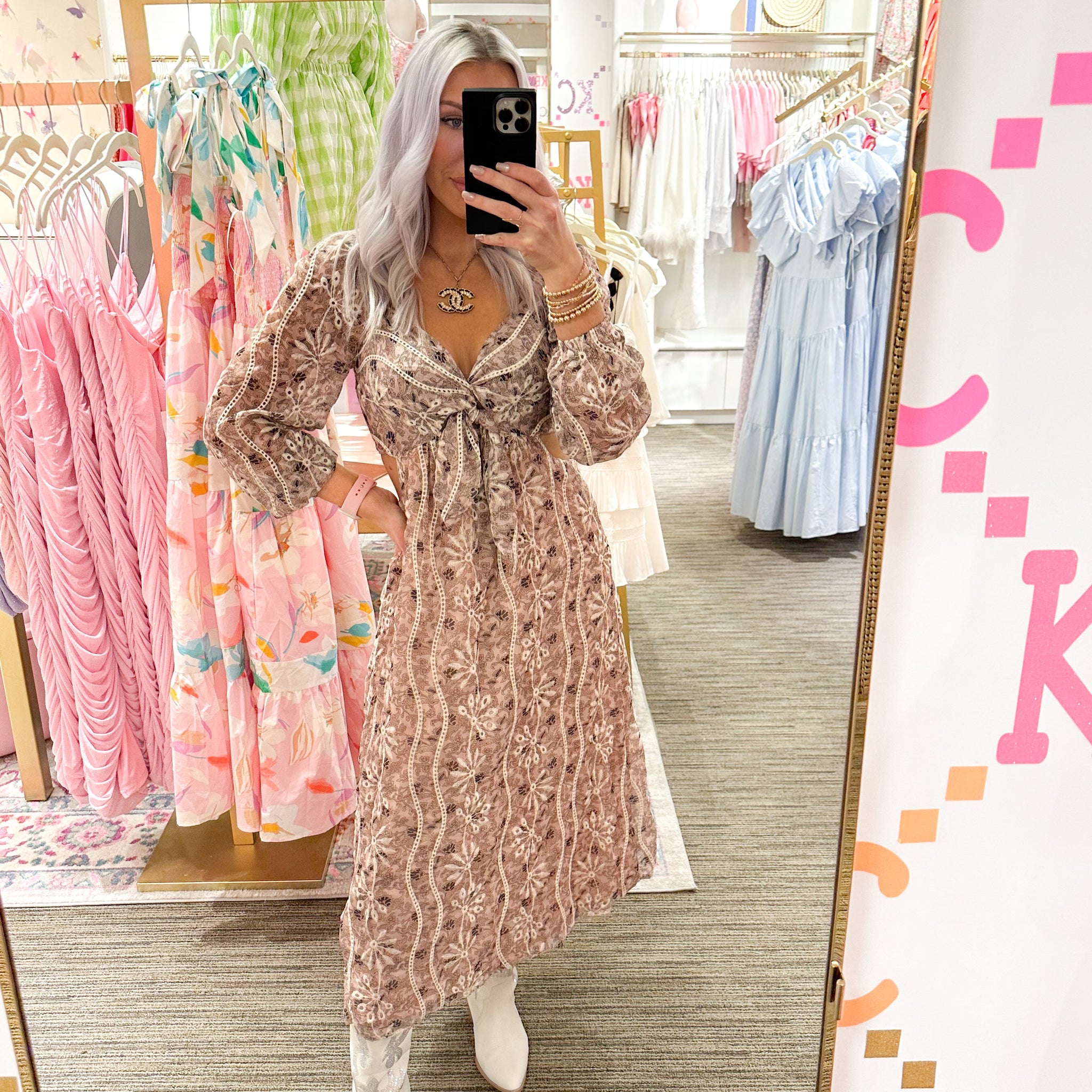Pink Floral Cutout Detail Midi Dress