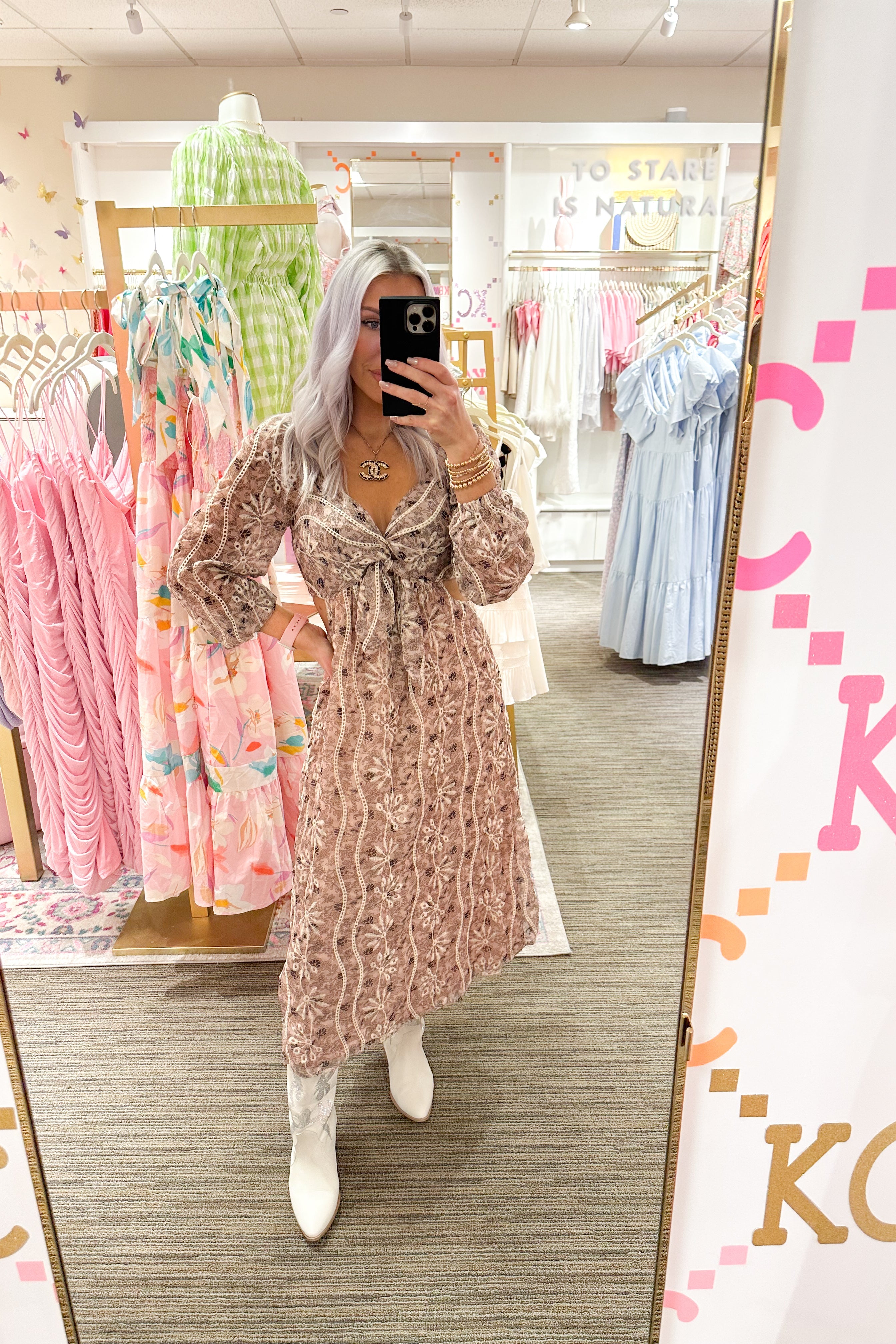 Pink Floral Cutout Detail Midi Dress