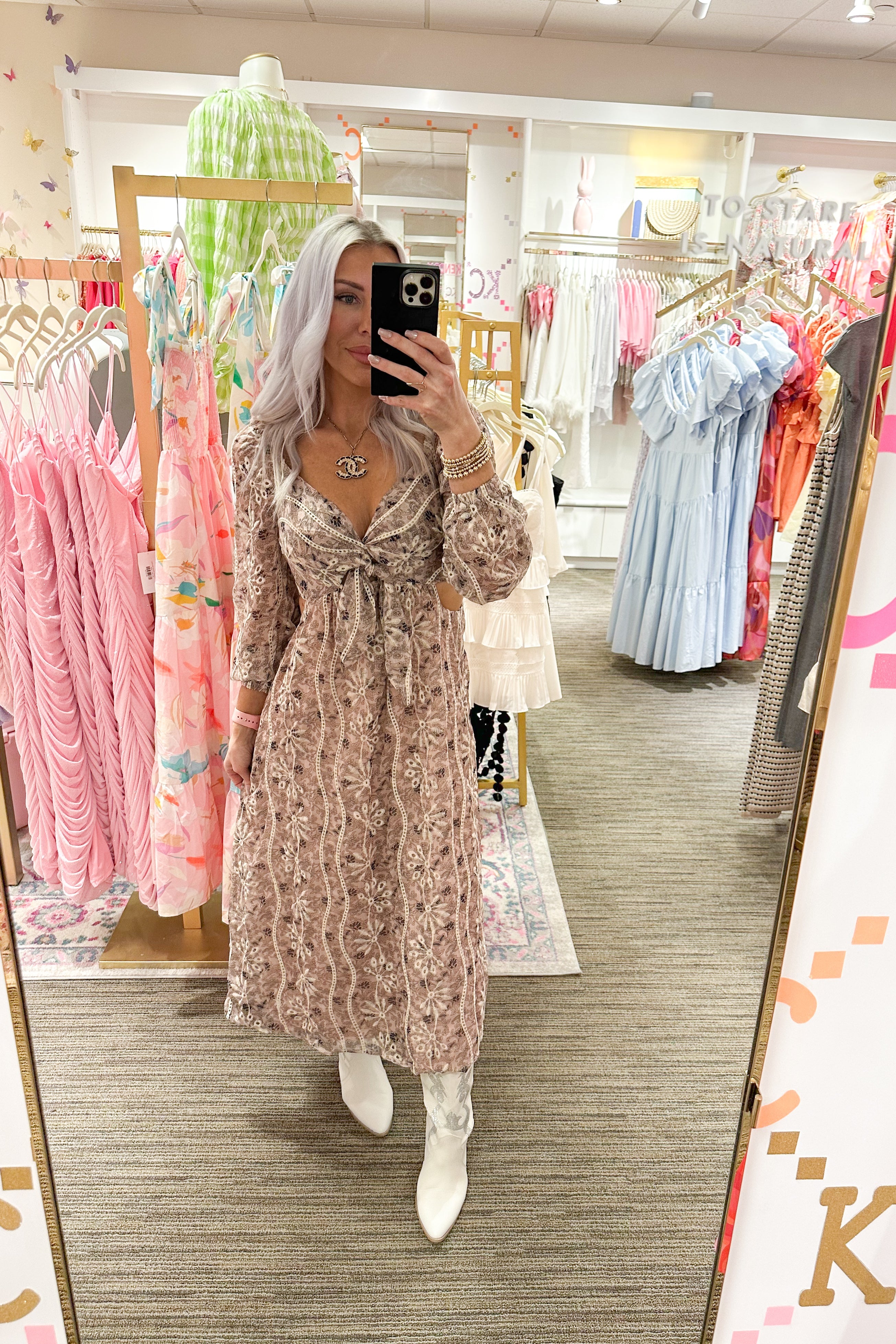 Pink Floral Cutout Detail Midi Dress