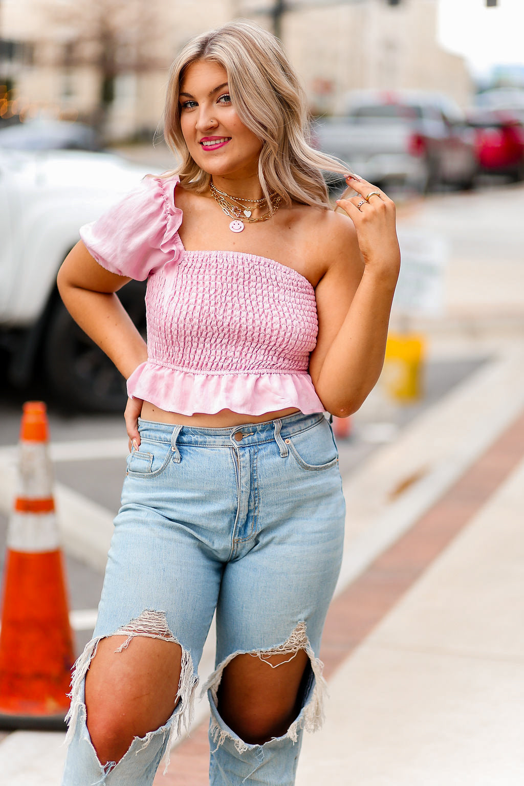 Pink Puff Sleeve Smocked Top