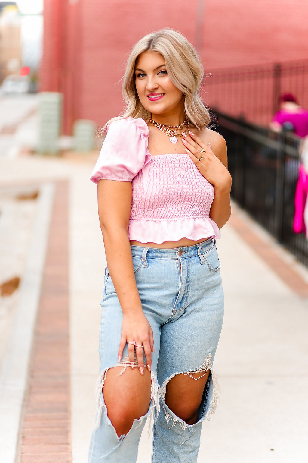 Pink Puff Sleeve Smocked Top