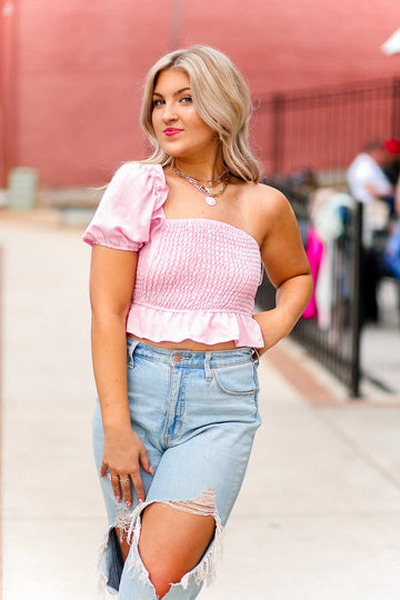 Pink Puff Sleeve Smocked Top