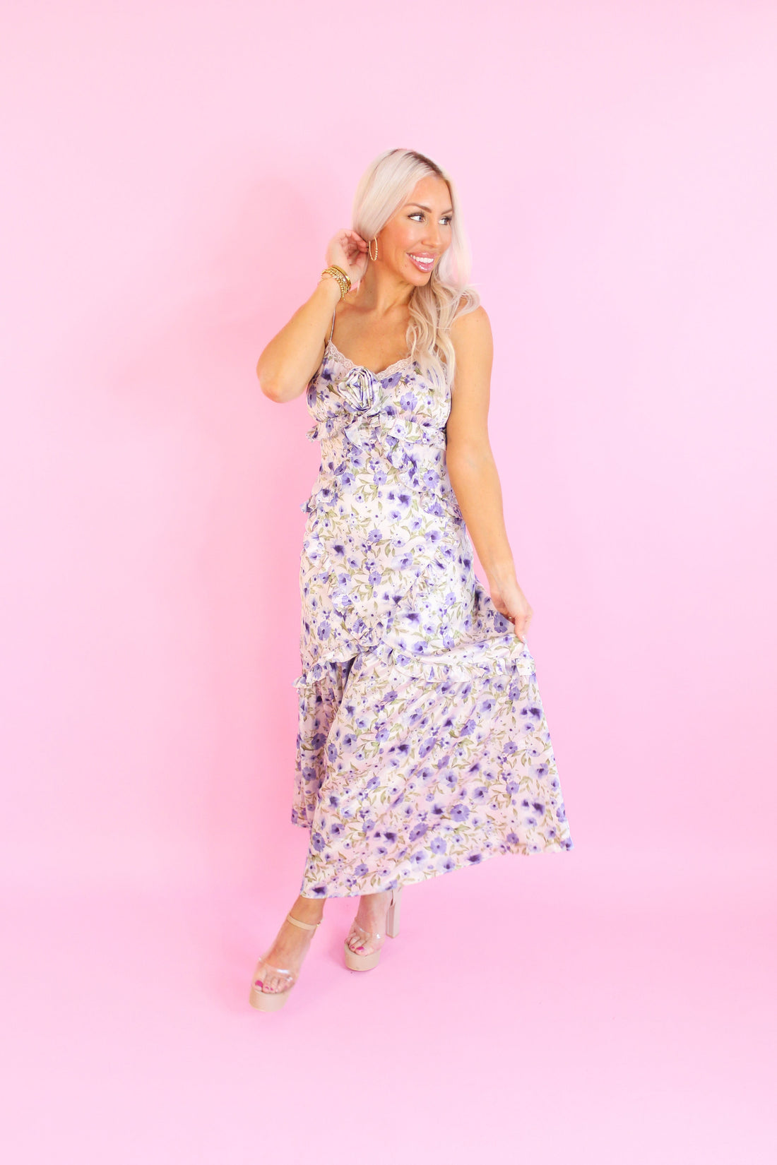 Purple Floral Detail Midi Dress