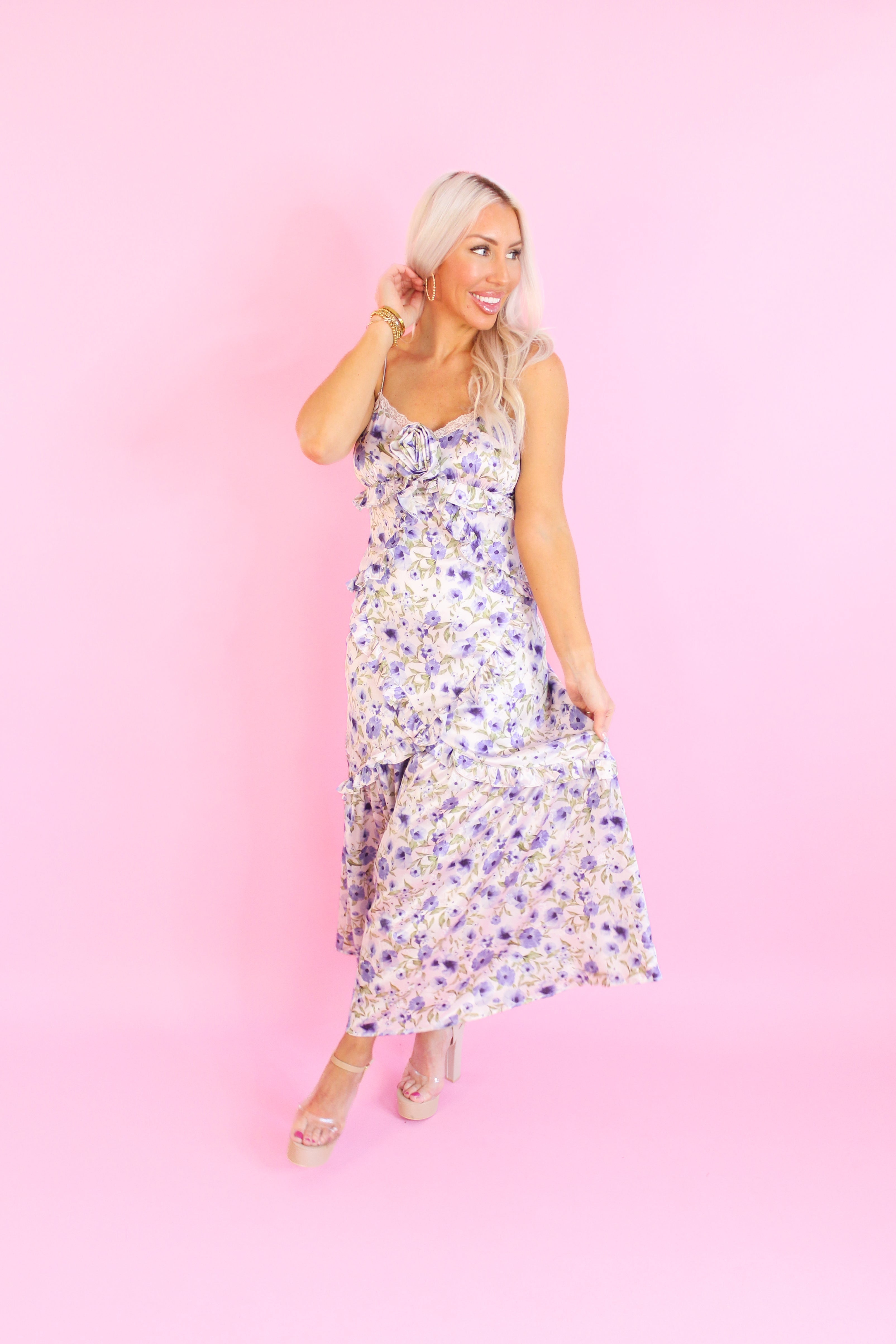 Purple Floral Detail Midi Dress