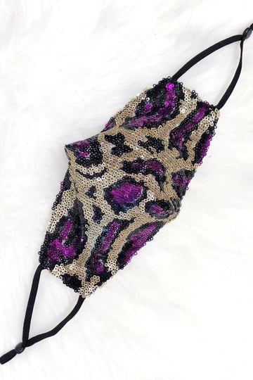 Purple And Gold Leopard Sequin Face Mask