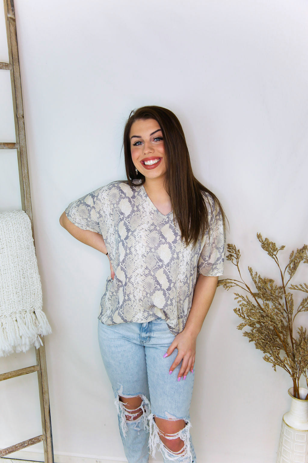 Python V-Neck Short Sleeve Top