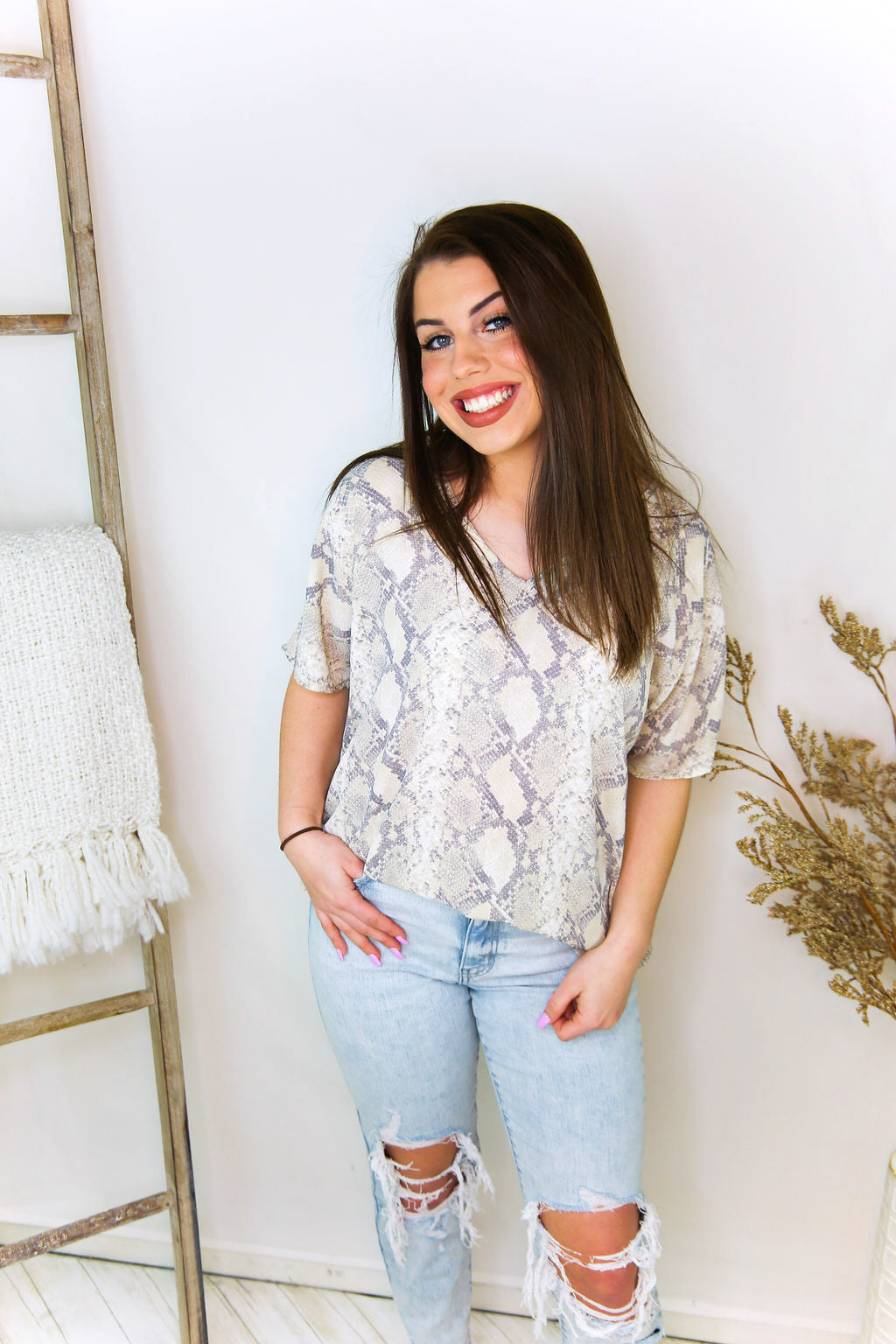 Python V-Neck Short Sleeve Top