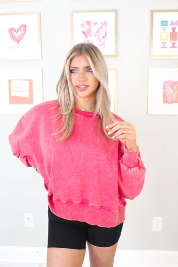 Red Acid Wash Fleece Sweatshirt