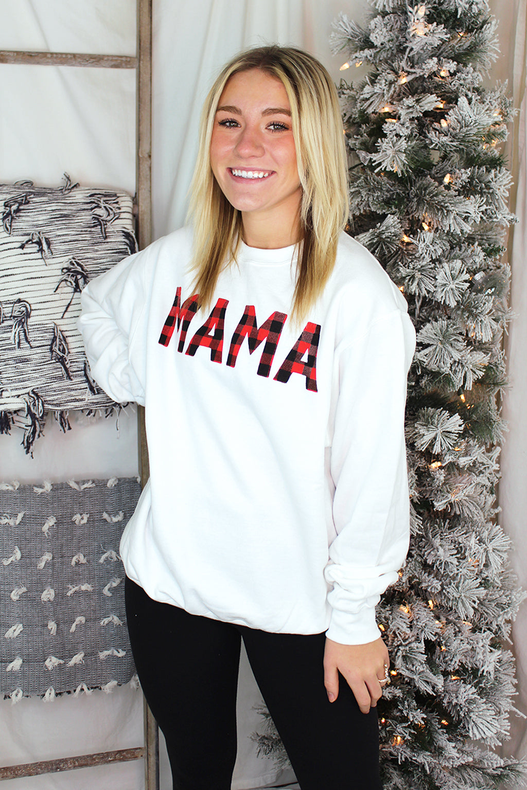White With Red Plaid MAMA Holiday Sweatshirt