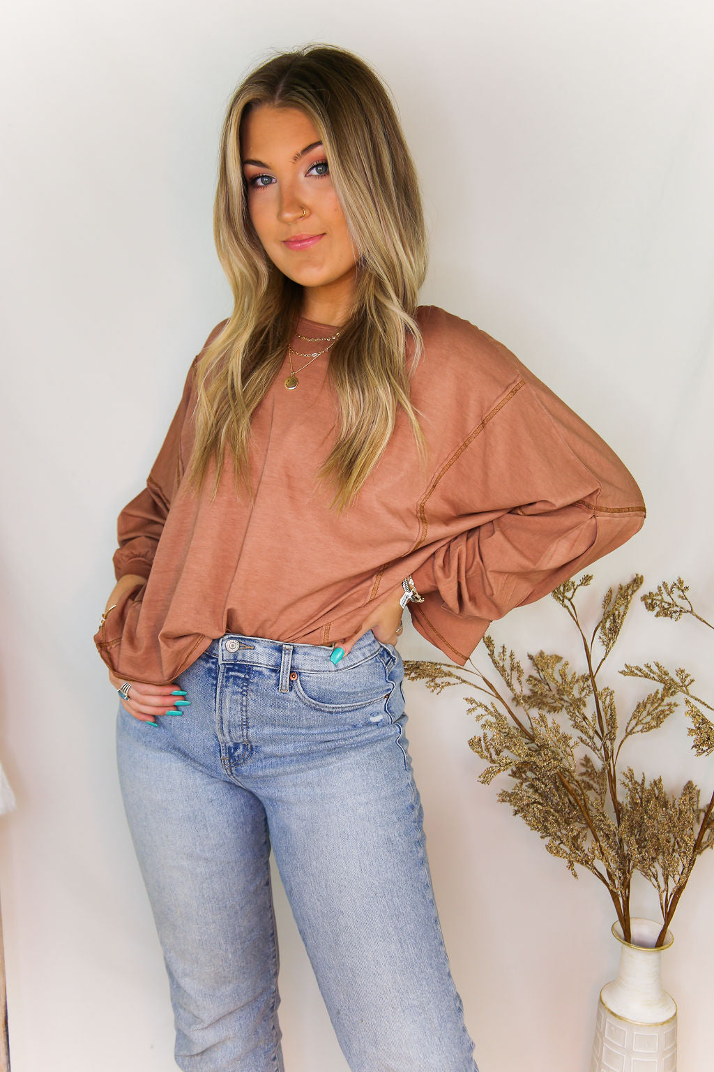 Rust Acid Wash Long Sleeve High Low Top