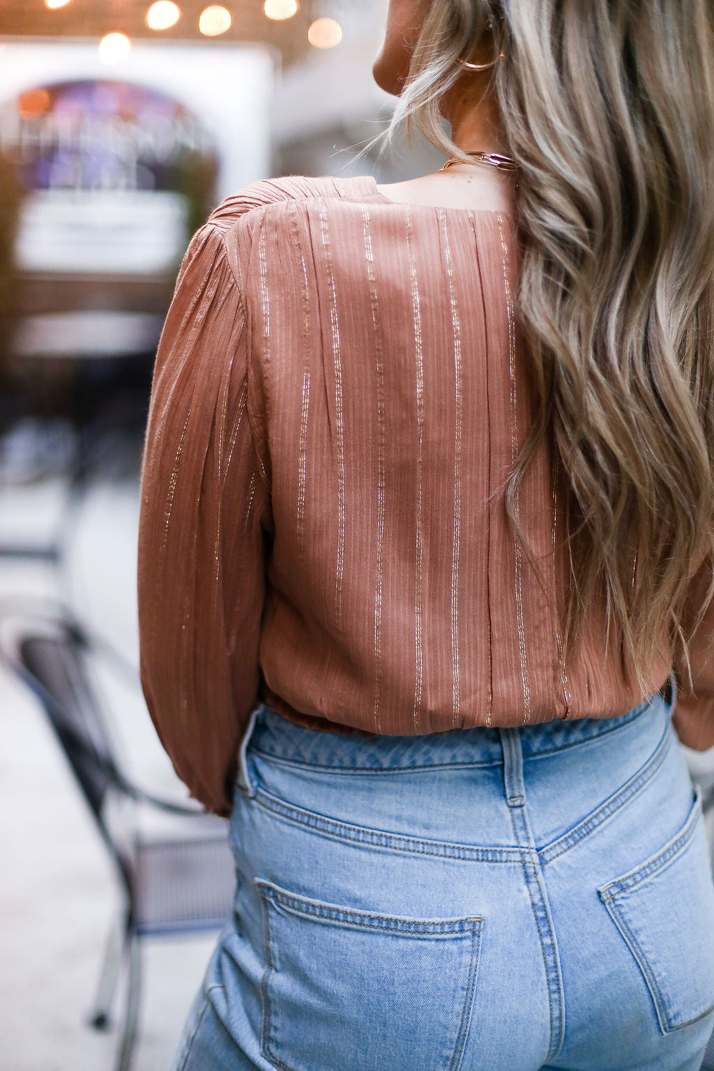 Rust Shimmer Stripe Front Tie Blouse