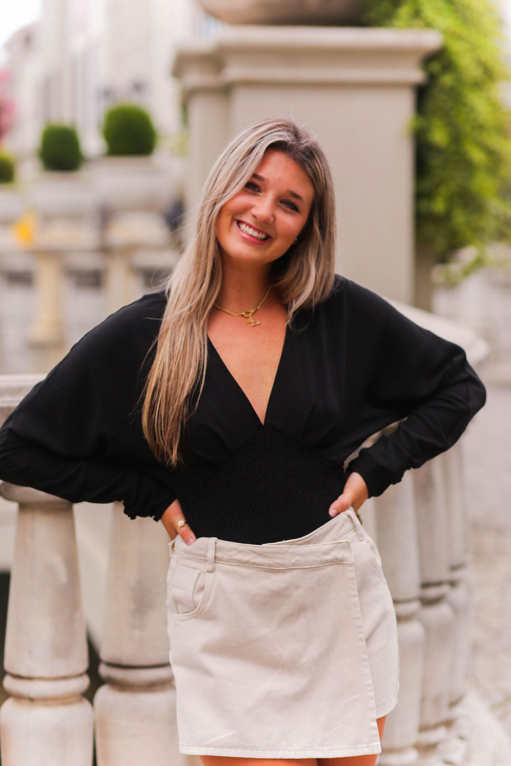 Long Sleeve Black Smocked  Blouse