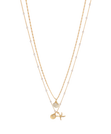 Double Chain Pearl Shell and Starfish Charm Necklace