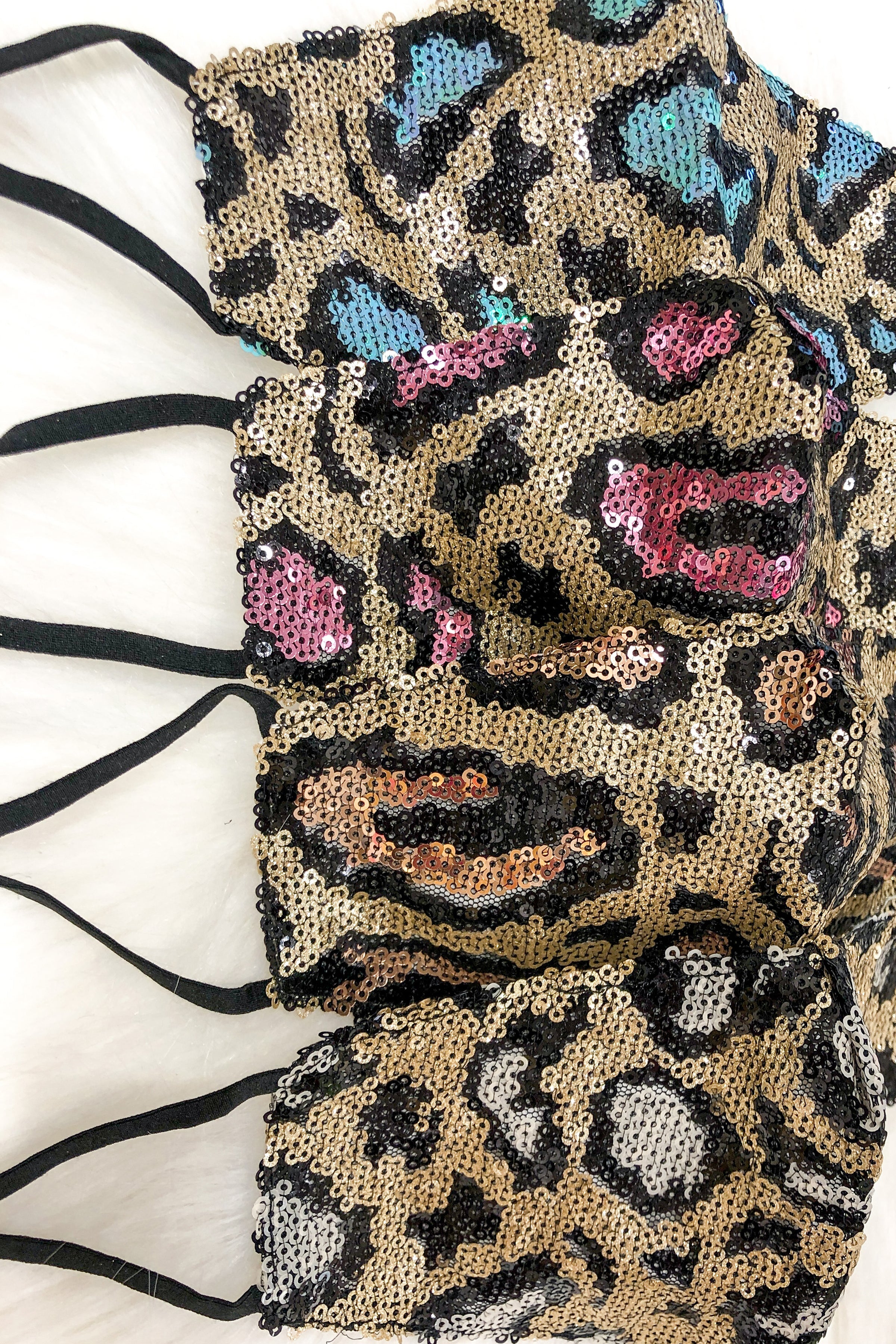 White And Gold Leopard Sequin Face Mask