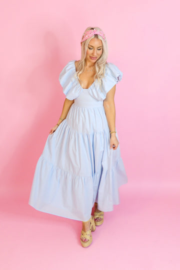 Sky Blue Puff Sleeve Maxi Dress