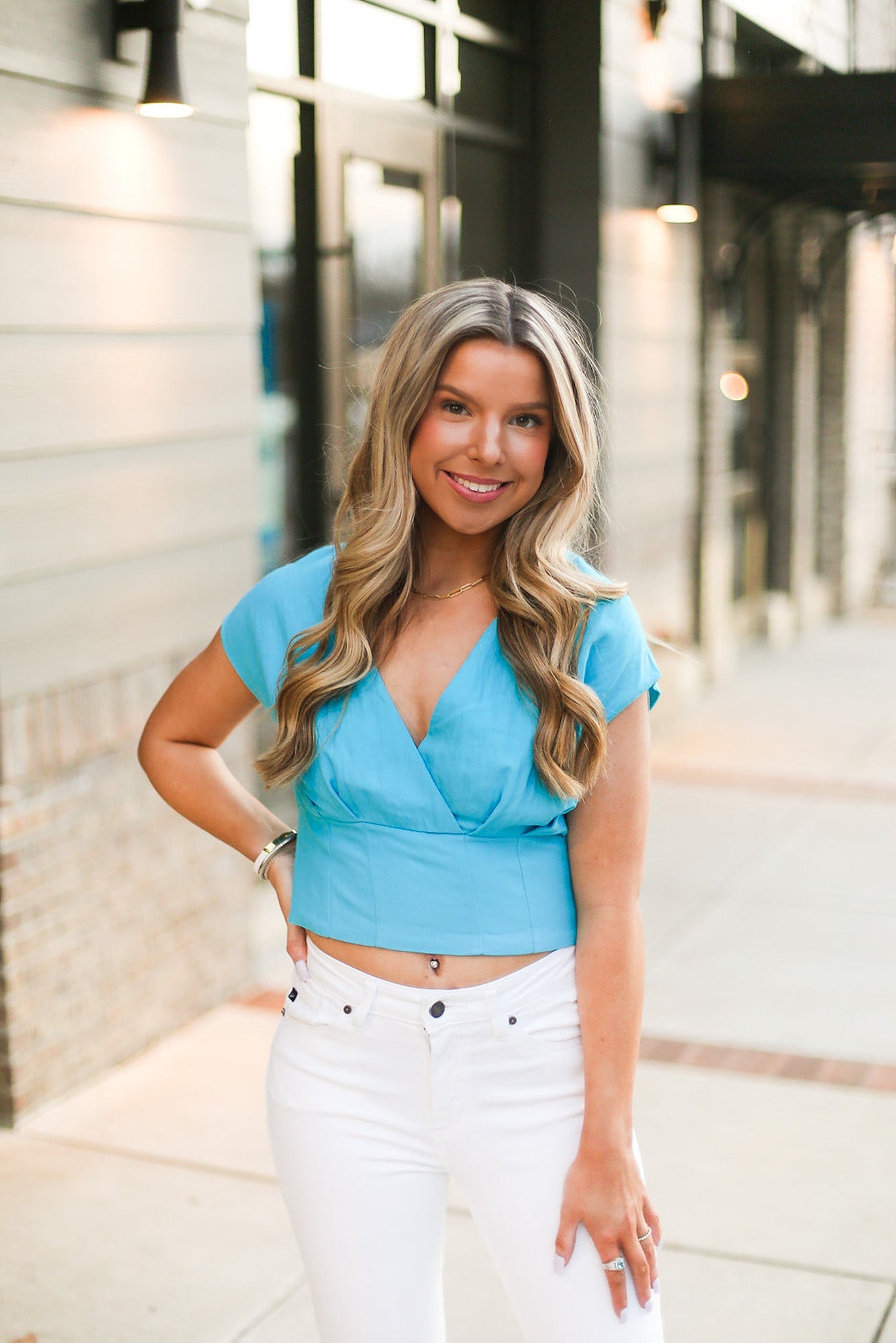 Sleeveless Blue V-Neck Blouse