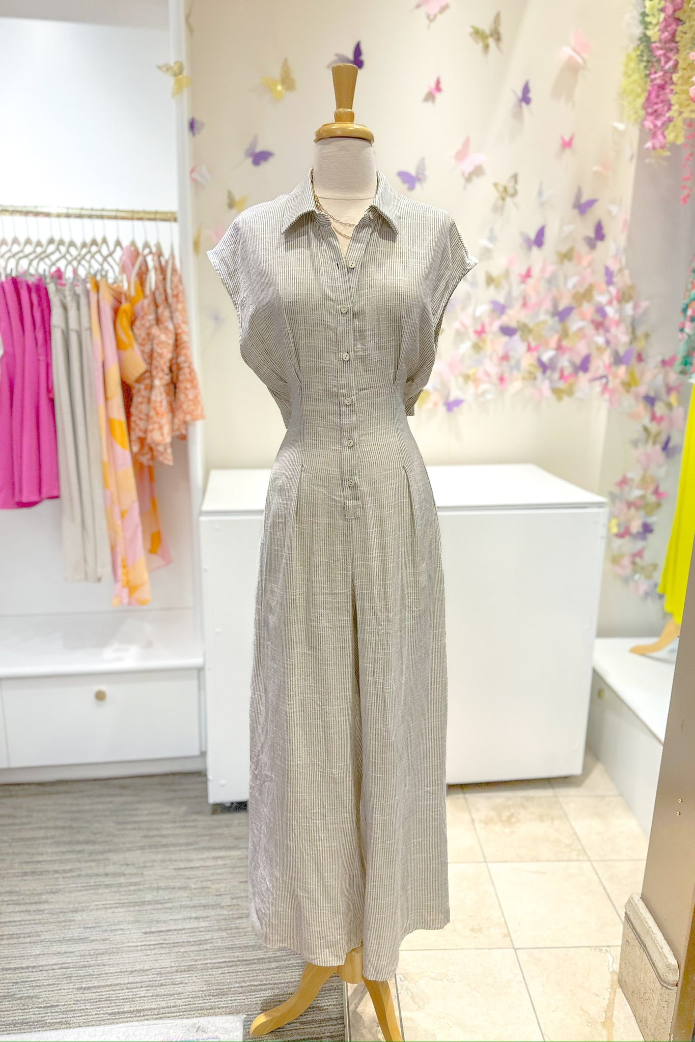 Striped Button Down Jumpsuit with Open Back