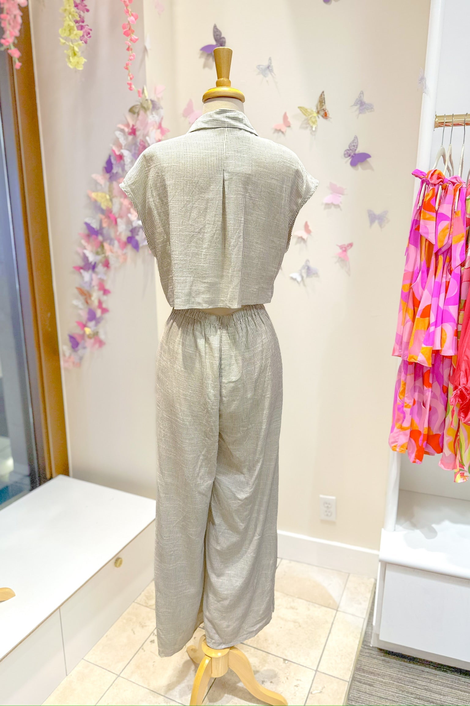 Striped Button Down Jumpsuit with Open Back