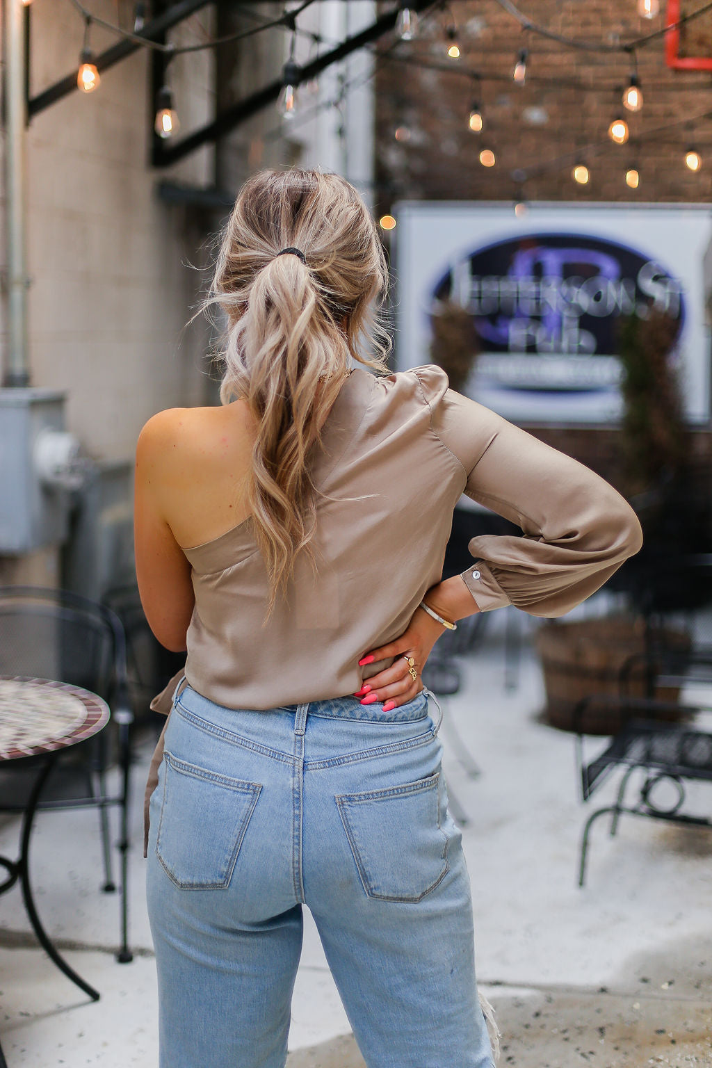 Taupe One Shoulder Tie Blouse