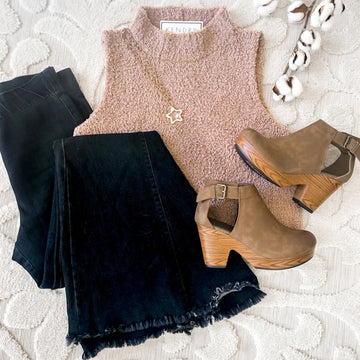 Taupe Sherpa Sleeveless Turtleneck Top